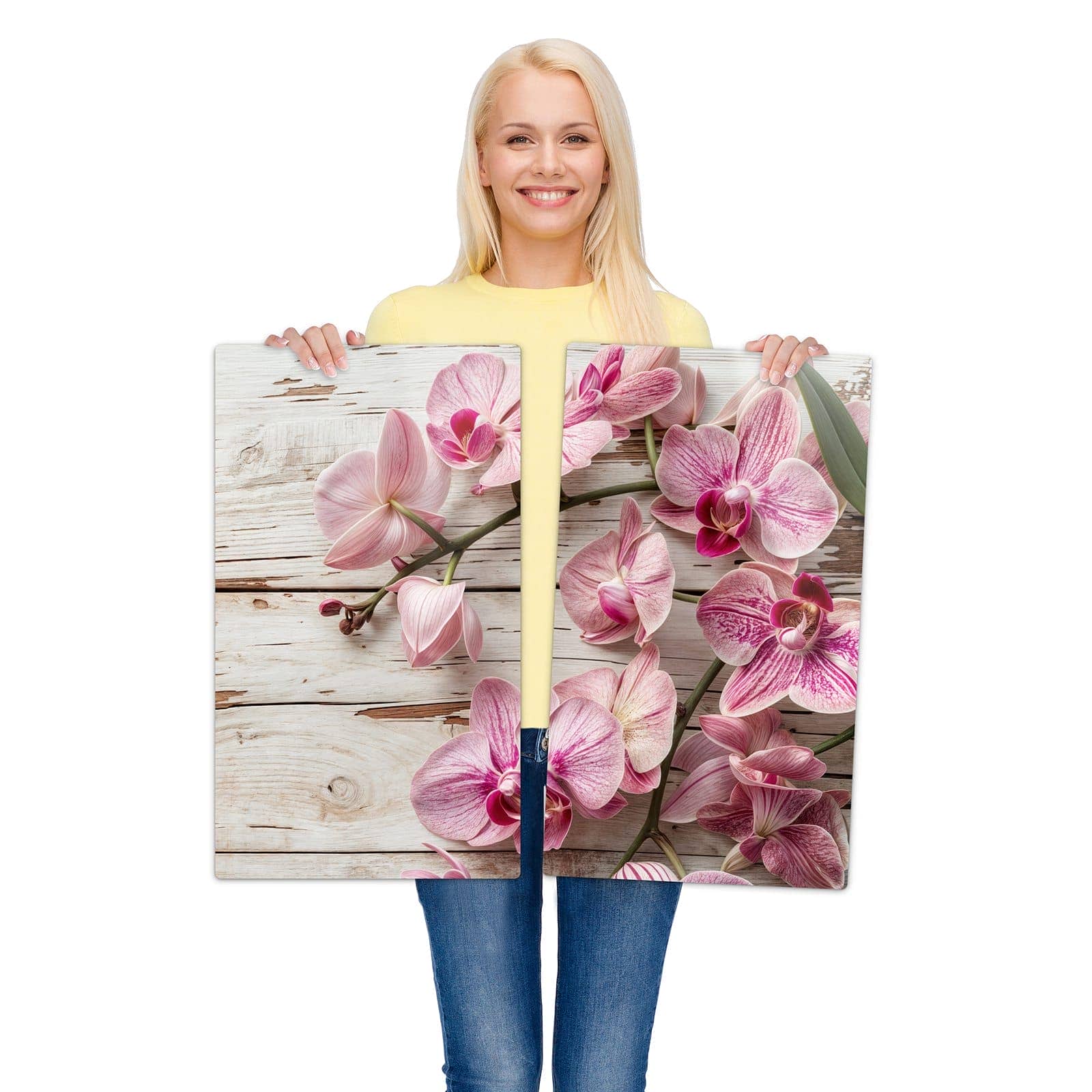 2-teilige Herdabdeckplatte mit Orchideen auf Holz-Motiv wird zur Größendarstellung gehalten