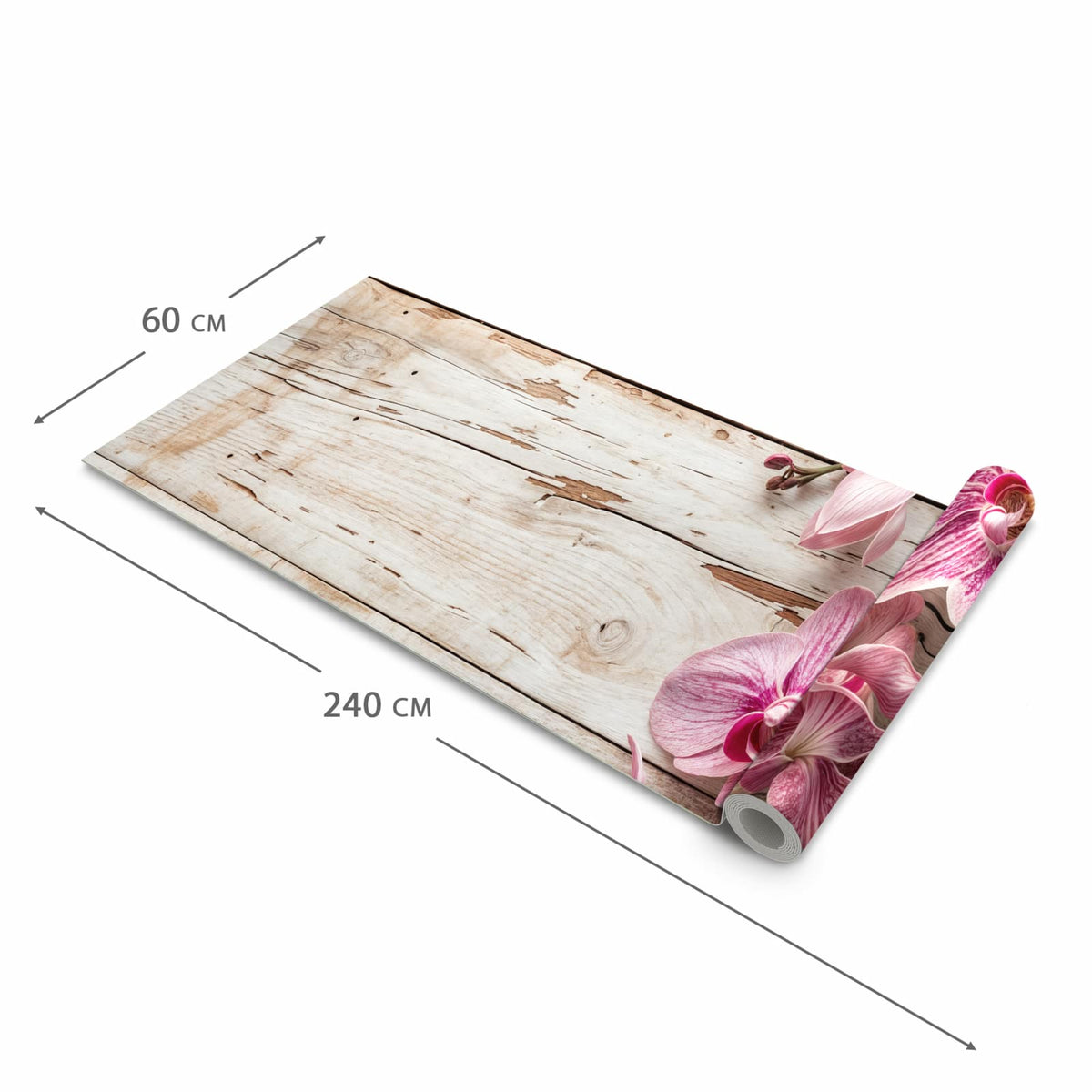 Komfortabler Küchenteppich mit Motiv Orchideen auf Holz in der Grösse 60x180 cm