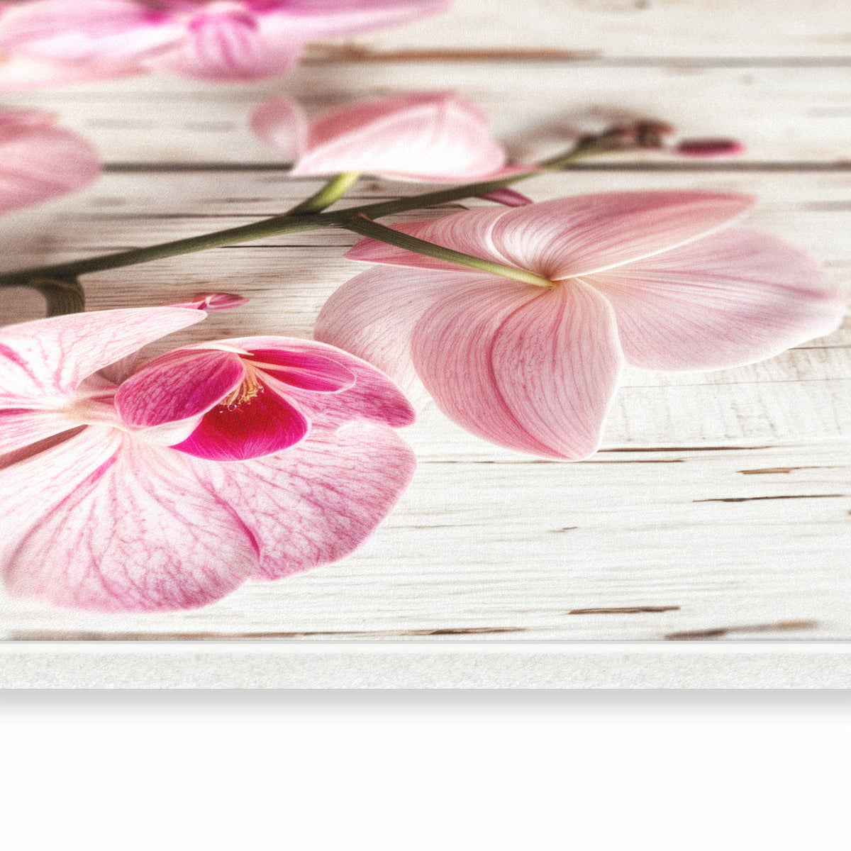 Schmutzabweisender Teppich für Esstisch mit Motiv Orchideen auf Holz in seitlicher Ansicht