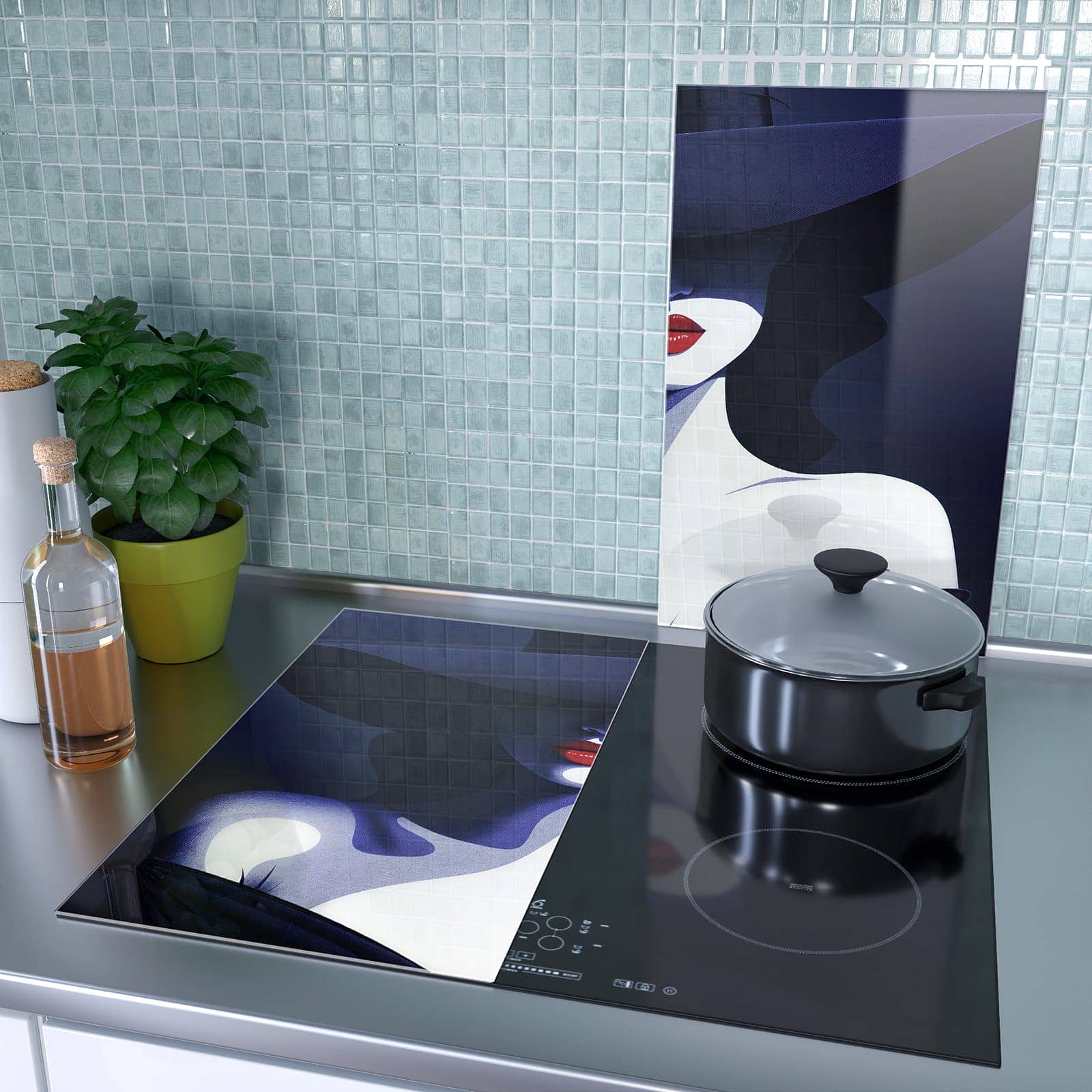 2-teilige Herdabdeckplatten mit Dame Mit Hut Dunkel-Motiv als Spritzschutz hinter dem Kochfeld