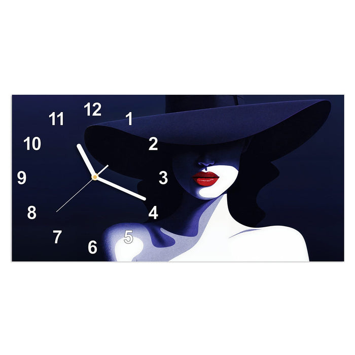 Wanduhr Dame Mit Hut Dunkel aus Glas – Querformat 60 × 30 cm mit Ziffernblatt Modern