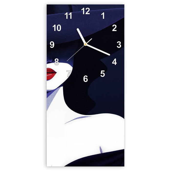 Wanduhr Dame Mit Hut Dunkel aus Glas – Hochformat 30 × 60 cm mit Ziffernblatt Modern