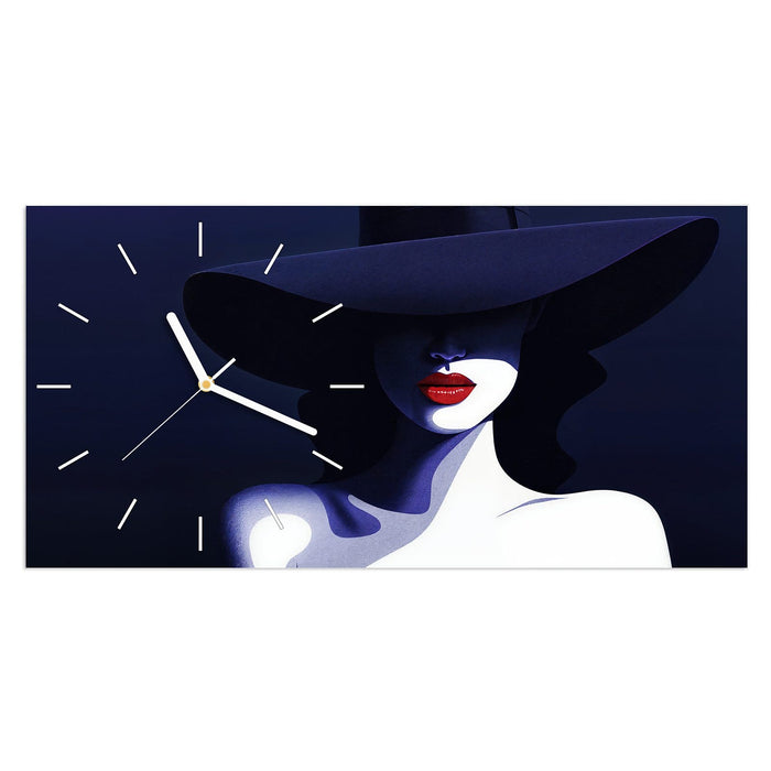 Wanduhr Dame Mit Hut Dunkel aus Glas – Querformat 60 × 30 cm mit Ziffernblatt Linie
