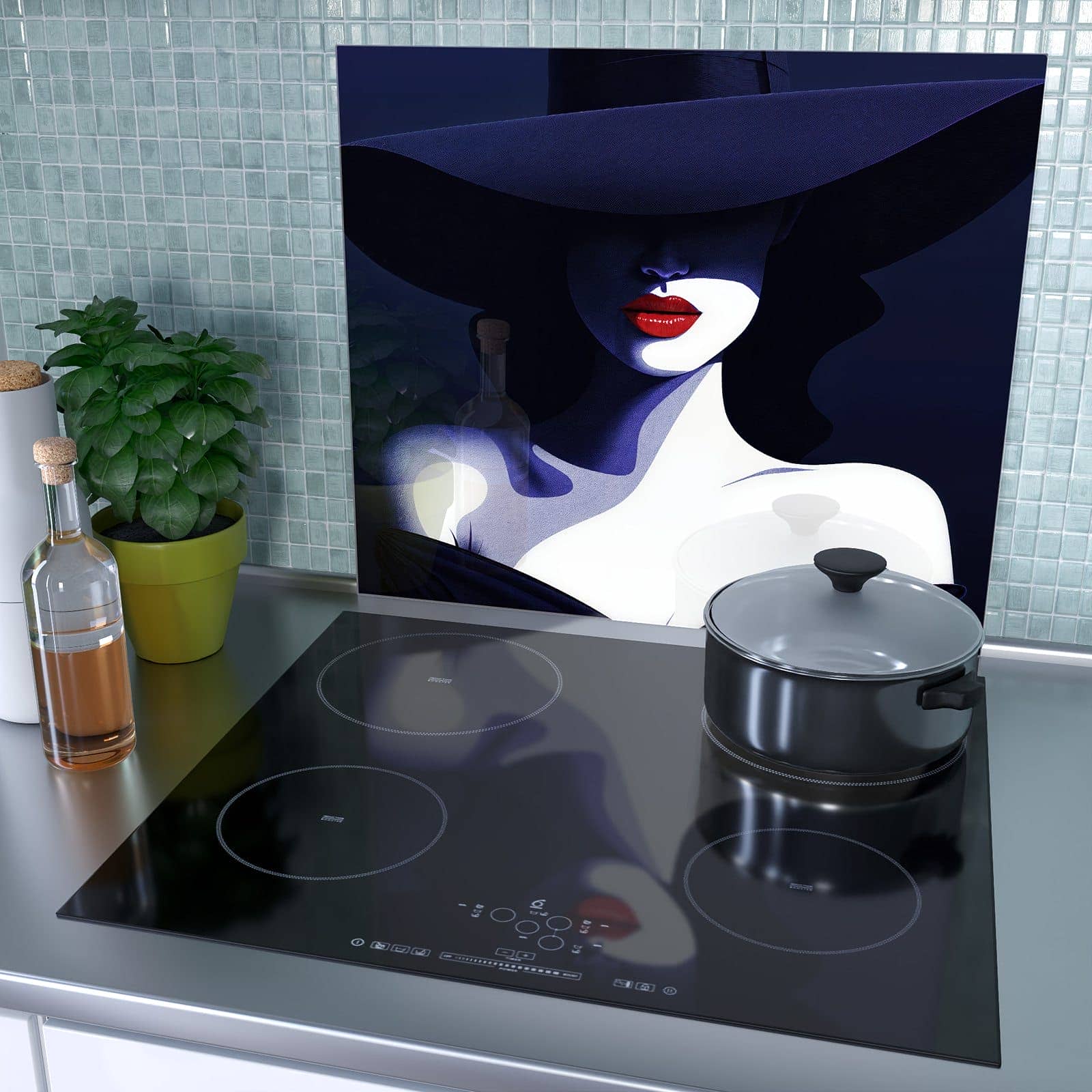 1-teilige Herdabdeckplatte aus Glas mit Dame Mit Hut Dunkel-Motiv als Spritzschutz hinter dem Kochfeld