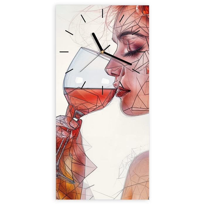 Wanduhr Weintrinkende Frau aus Glas – Hochformat 30 × 60 cm mit Ziffernblatt Linie