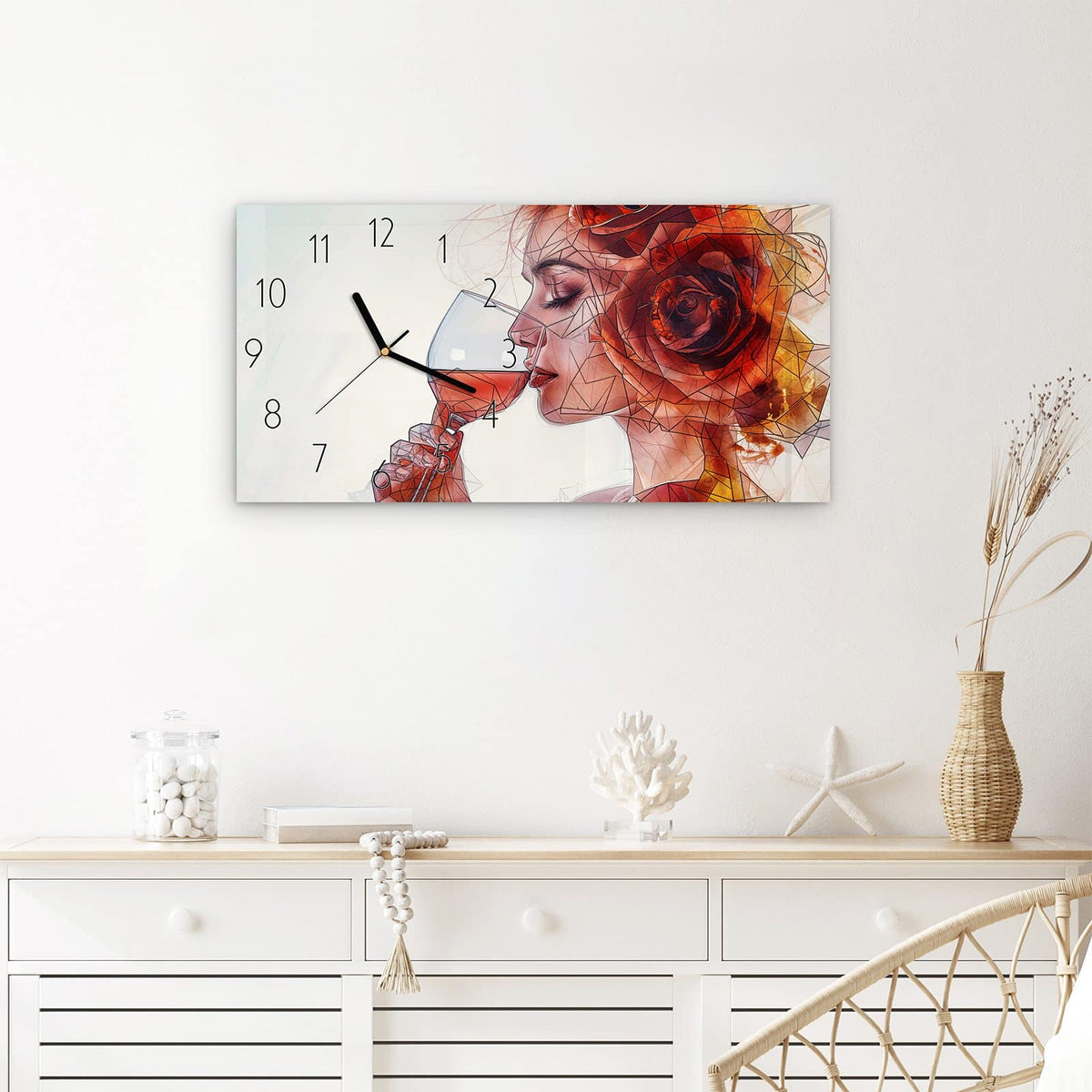 Wanduhr Weintrinkende Frau aus Glas – Querformat 60 × 30 cm – Frau mit Rotweinglas