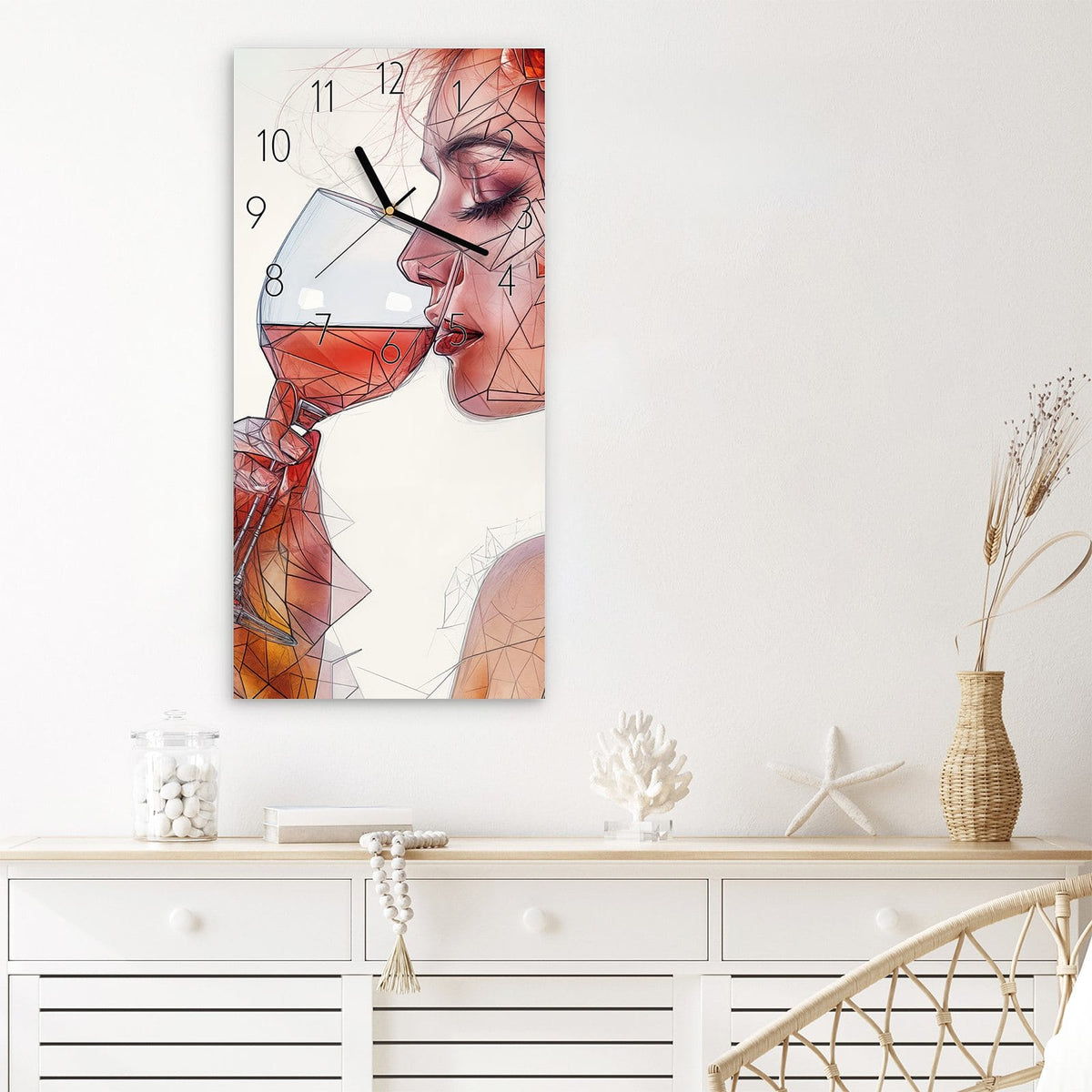 Wanduhr Weintrinkende Frau aus Glas – Hochformat 30 × 60 cm – Frau mit Rotweinglas