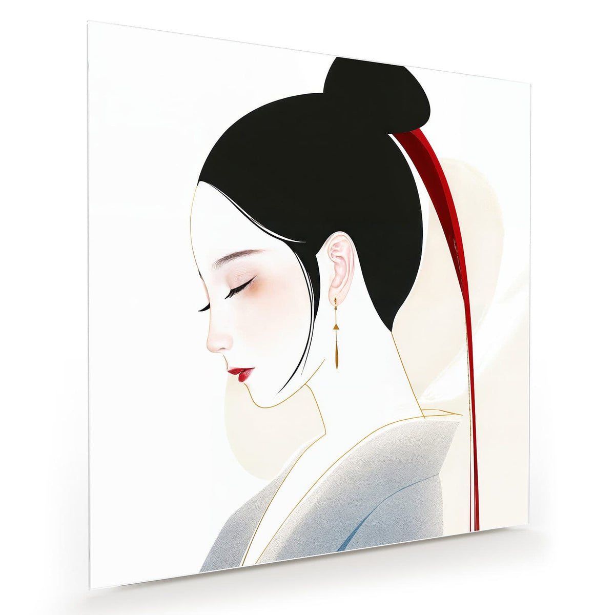 Minimalistisches Frauenprofil mit schwarzem Haarknoten und langem rotem Band