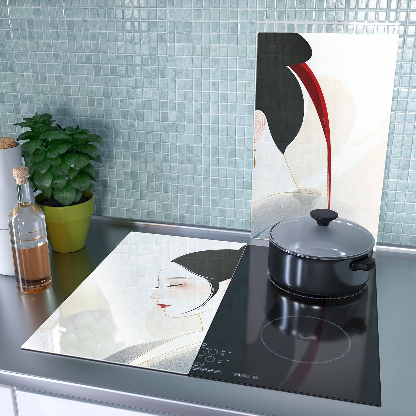 2-teilige Herdabdeckplatte aus Glas mit Stilvolle Abstraktion-Motiv als Spritzschutz hinter dem Kochfeld