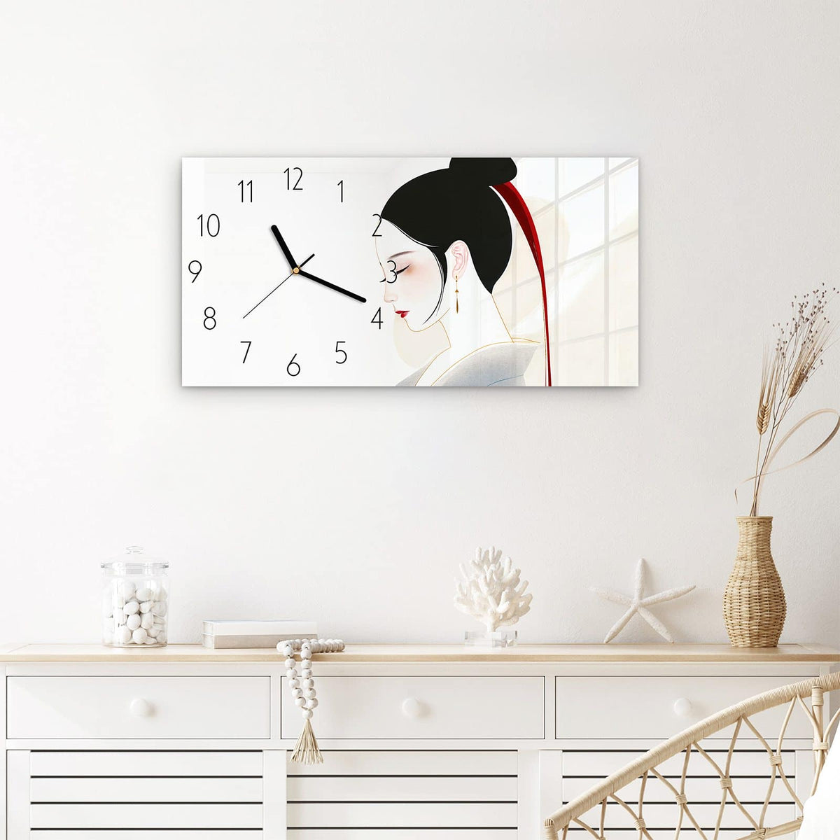 Wanduhr Stilvolle Abstraktion aus Glas – Querformat 60 × 30 cm – Frauenprofil in Weiß und Schwarz