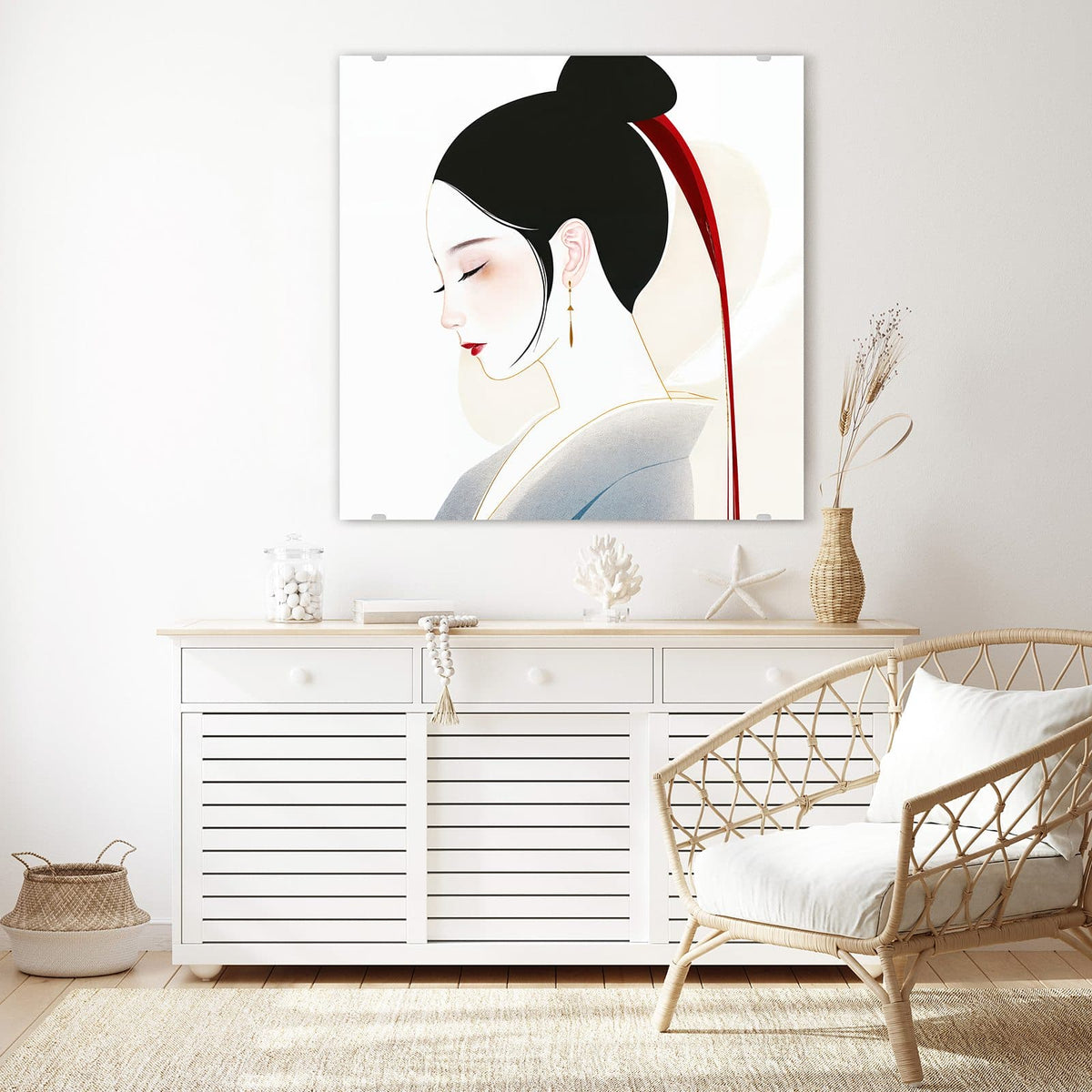 Glasbild Profil mit rotem Band an der Wand – Minimalistisches Frauenprofil mit schwarzem Haarknoten und langem rotem Band