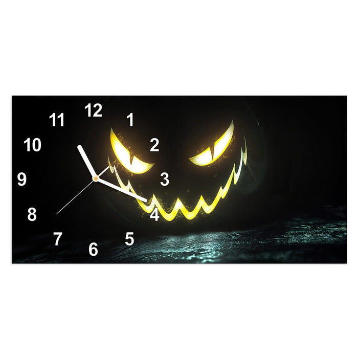 Wanduhr Leuchtender Kürbis aus Glas – Querformat 60 × 30 cm mit Ziffernblatt Modern