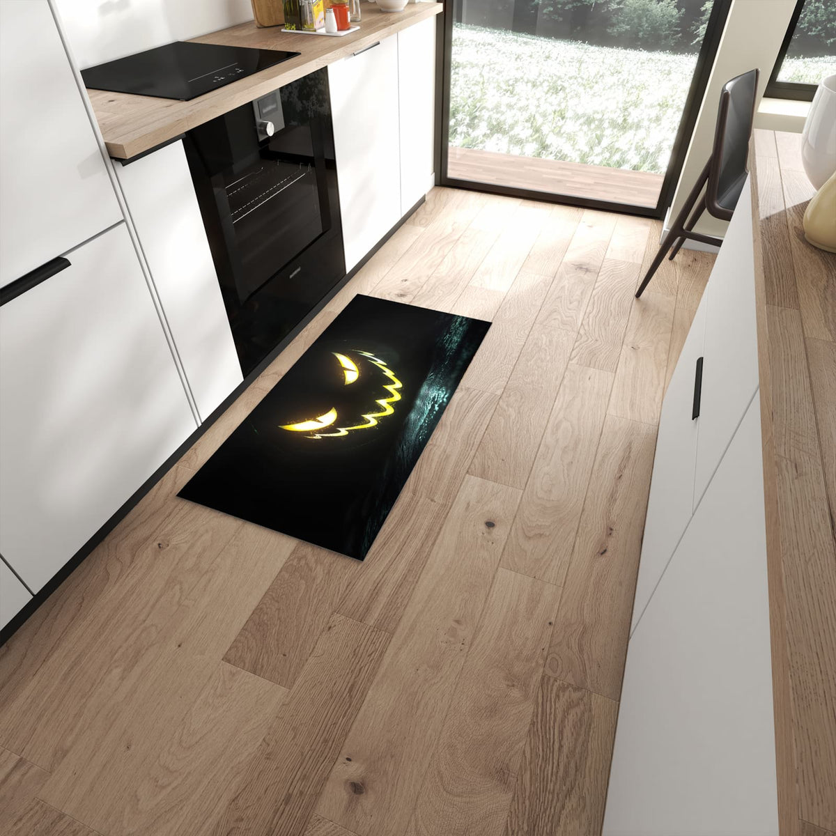 Langlebiger Küchenteppich mit Motiv Leuchtender Kürbis in moderner Küche