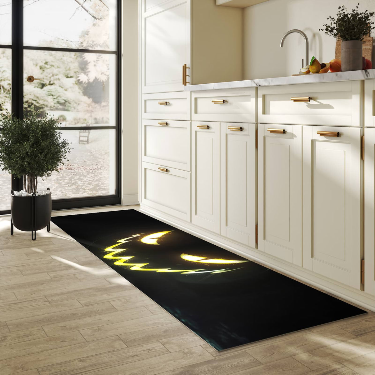 Bodenschonender Küchenteppich mit Motiv Leuchtender Kürbis in heller Küche