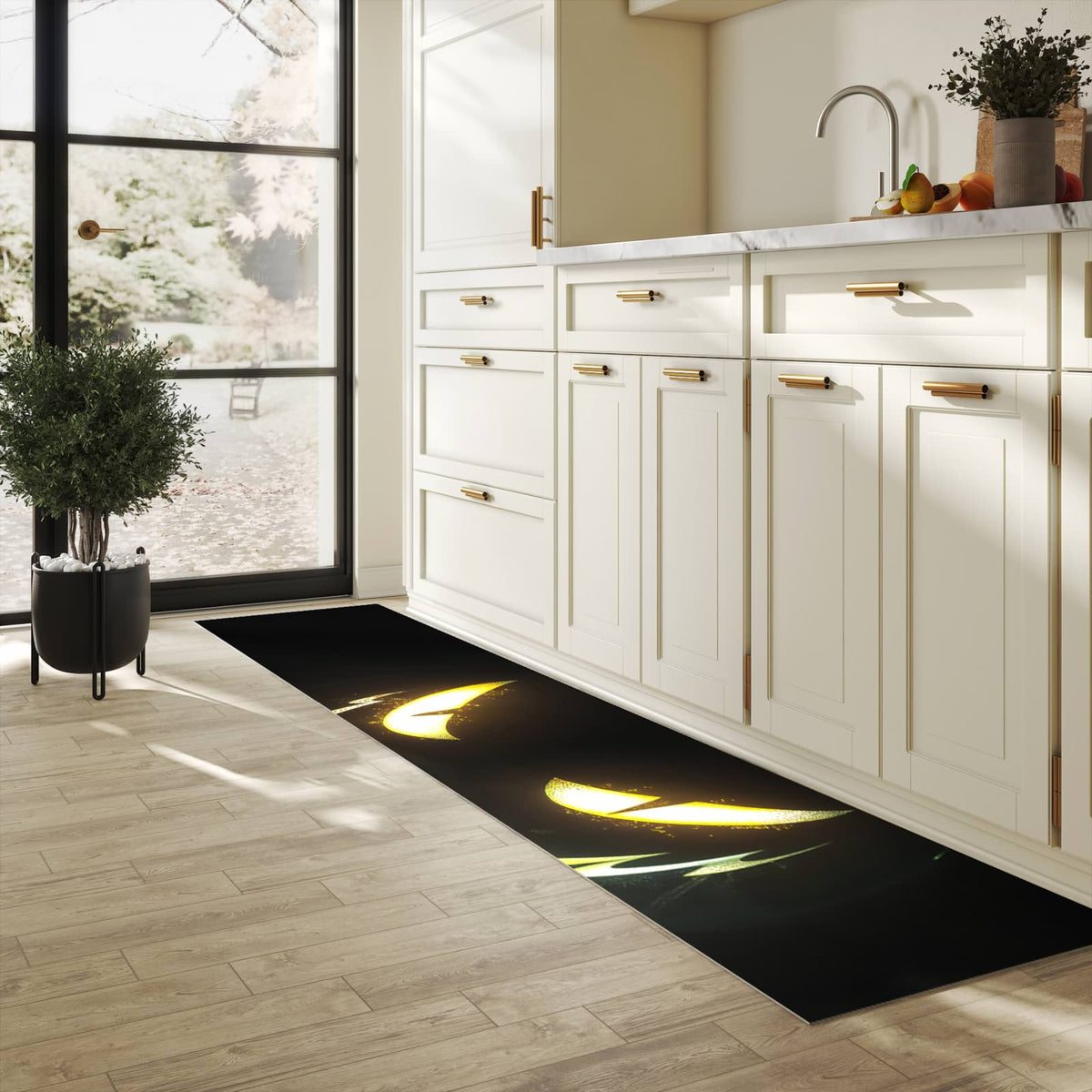 Waschbarer Küchenteppich mit Motiv Leuchtender Kürbis in heller Küche