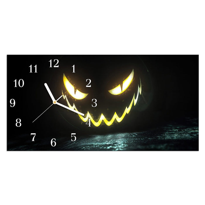 Wanduhr Leuchtender Kürbis aus Glas – Querformat 60 × 30 cm mit Ziffernblatt Klassisch