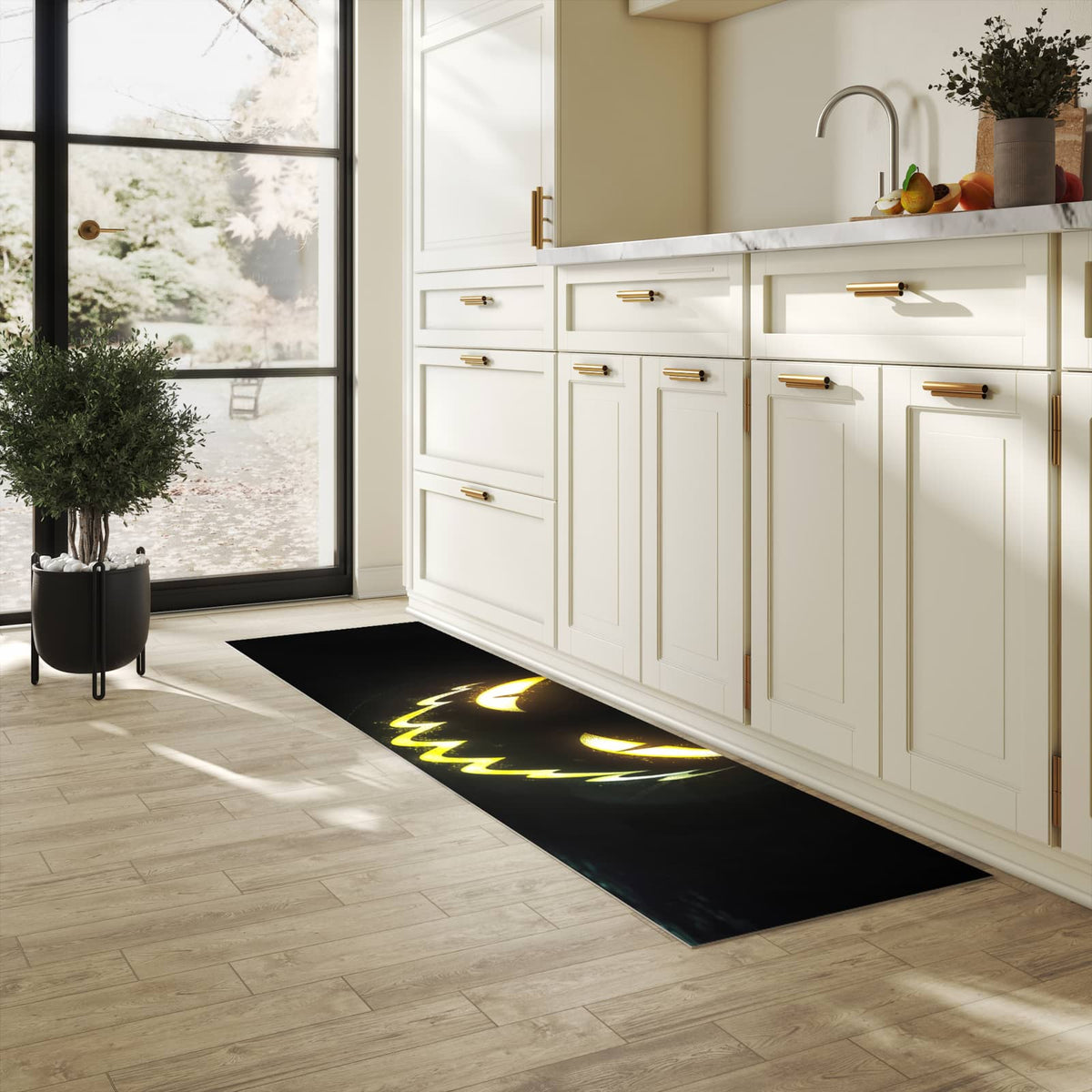 Hygienischer Küchenteppich mit Motiv Leuchtender Kürbis in heller Küche