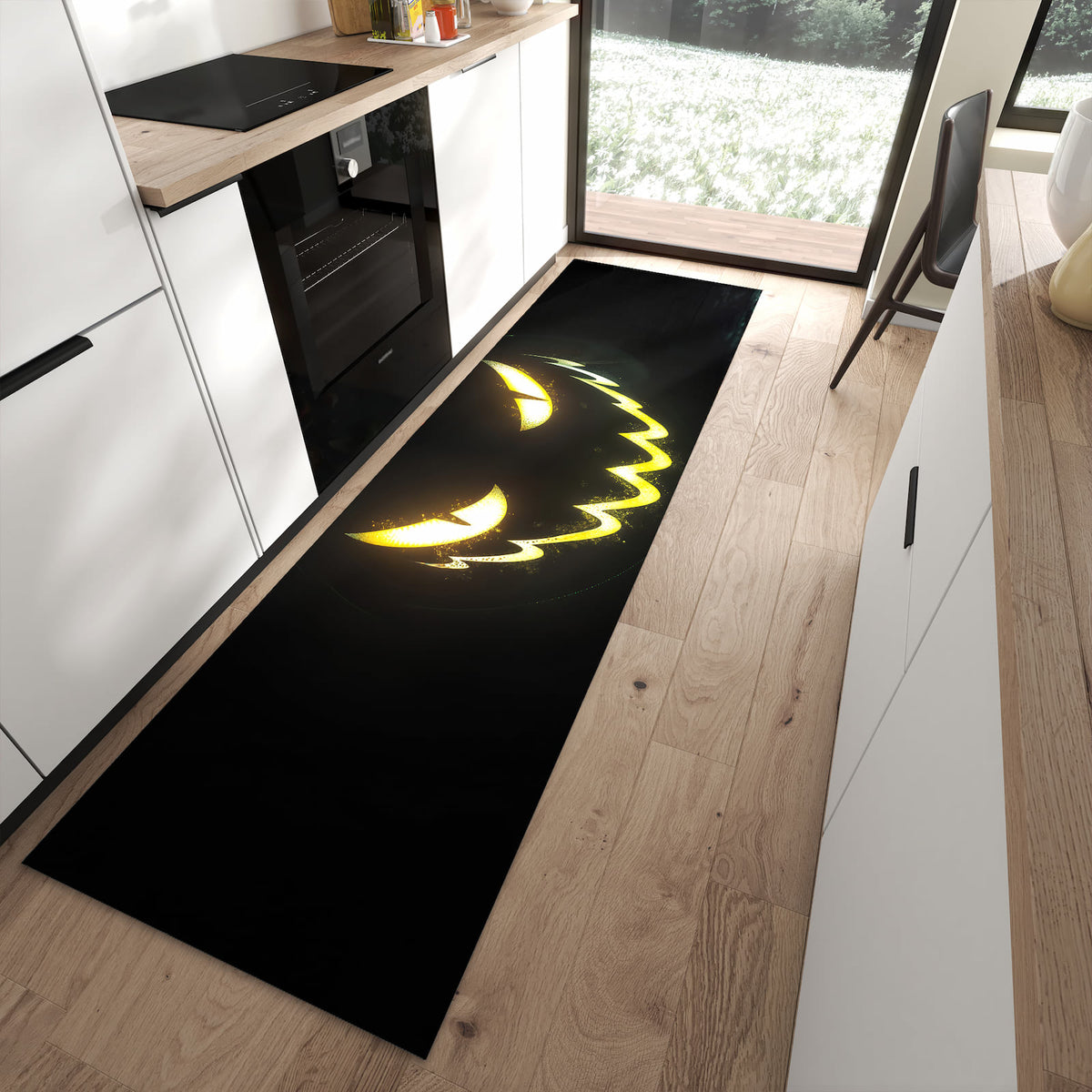 Waschbarer Küchenteppich mit Motiv Leuchtender Kürbis in moderner Küche