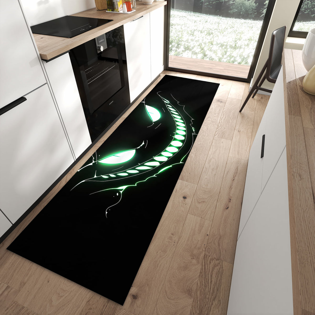 Wasserabweisender Küchenteppich mit Motiv Grinsendes Gesicht in moderner Küche