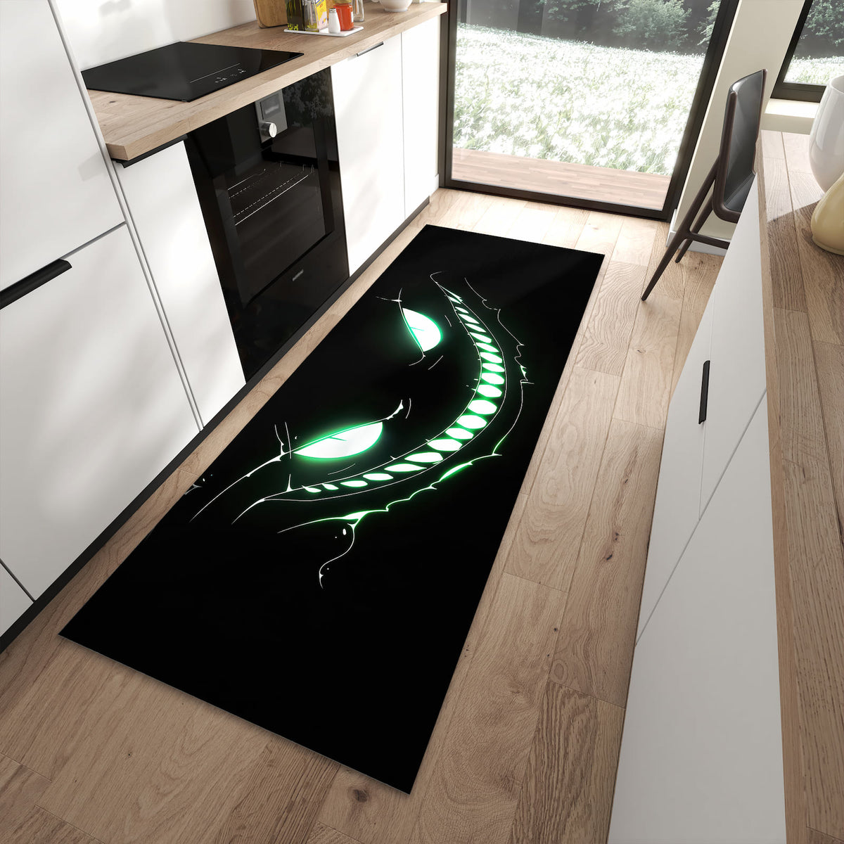 Geruchsneutraler Küchenteppich mit Motiv Grinsendes Gesicht in moderner Küche