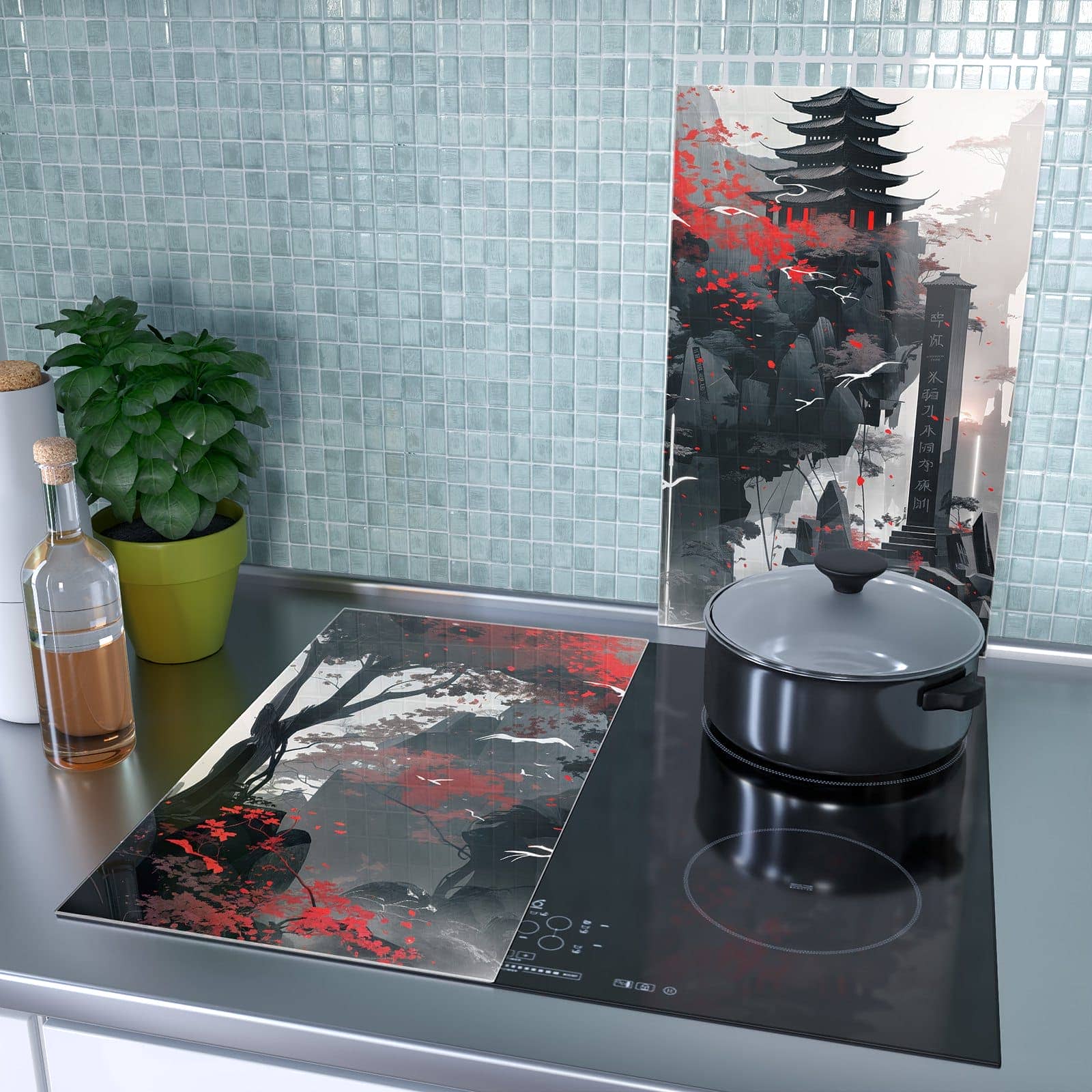 2-teilige Abdeckplatten Ceranfeld mit Mystischer Tempel-Motiv als Spritzschutz hinter dem Kochfeld