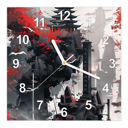 Wanduhr Quadratisch mit dem Motiv Pagode im roten Laub