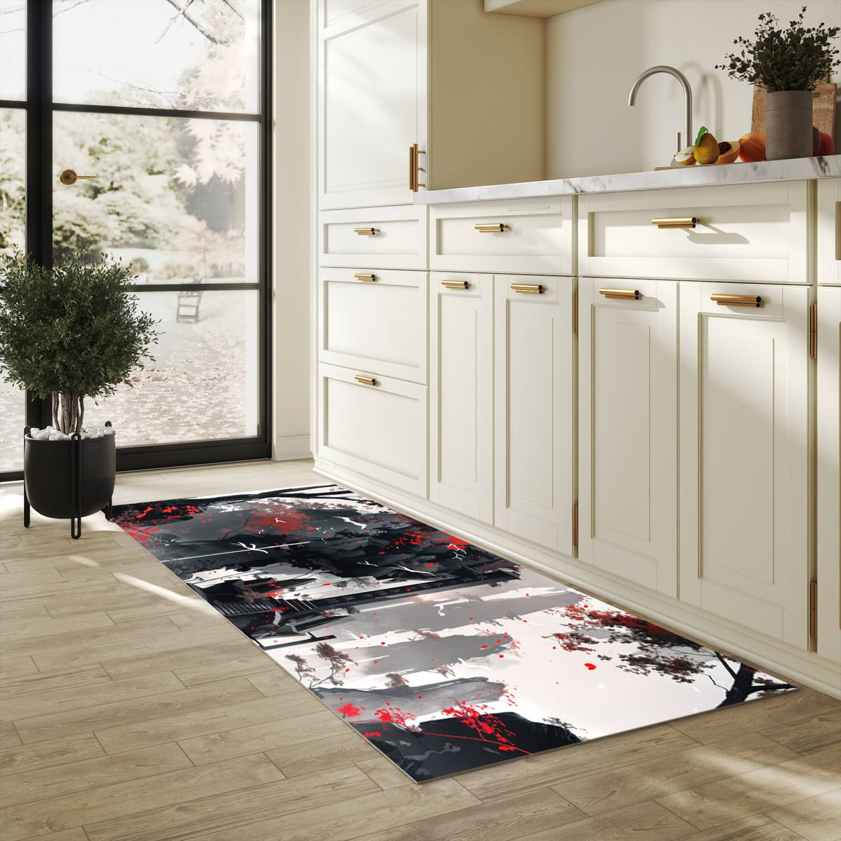 Rutschfester Küchenteppich mit Motiv Mystischer Tempel in heller Küche für sicheren Stand