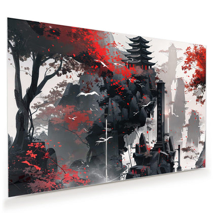 Wandbild mit dem Motiv Pagode im roten Laub