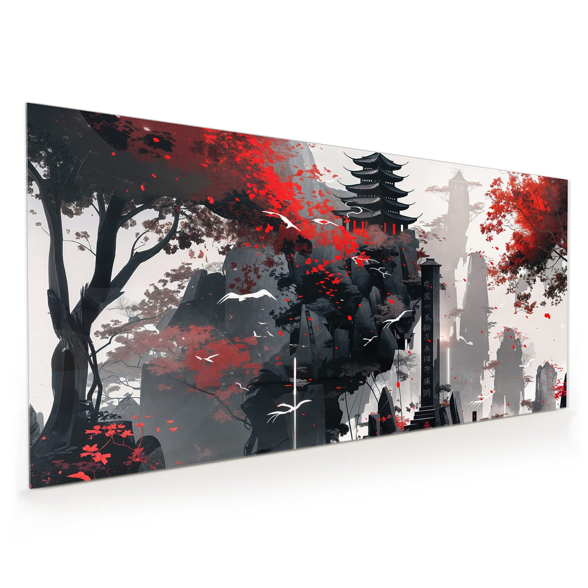 Küchenrückwand aus Glas im Hochformat: Schwarz-rote Tuschelandschaft mit Pagode auf Felsen, roten Ahornblättern und weißen Kranichen