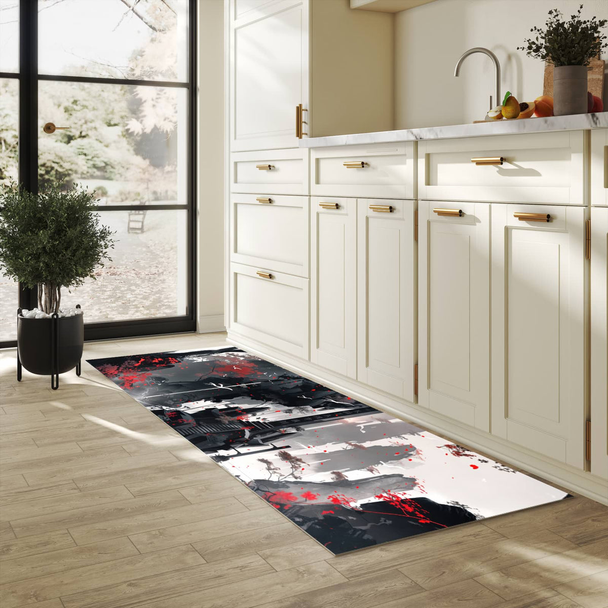 Küchenteppich mit Motiv Mystischer Tempel für Ordnung in heller Küche