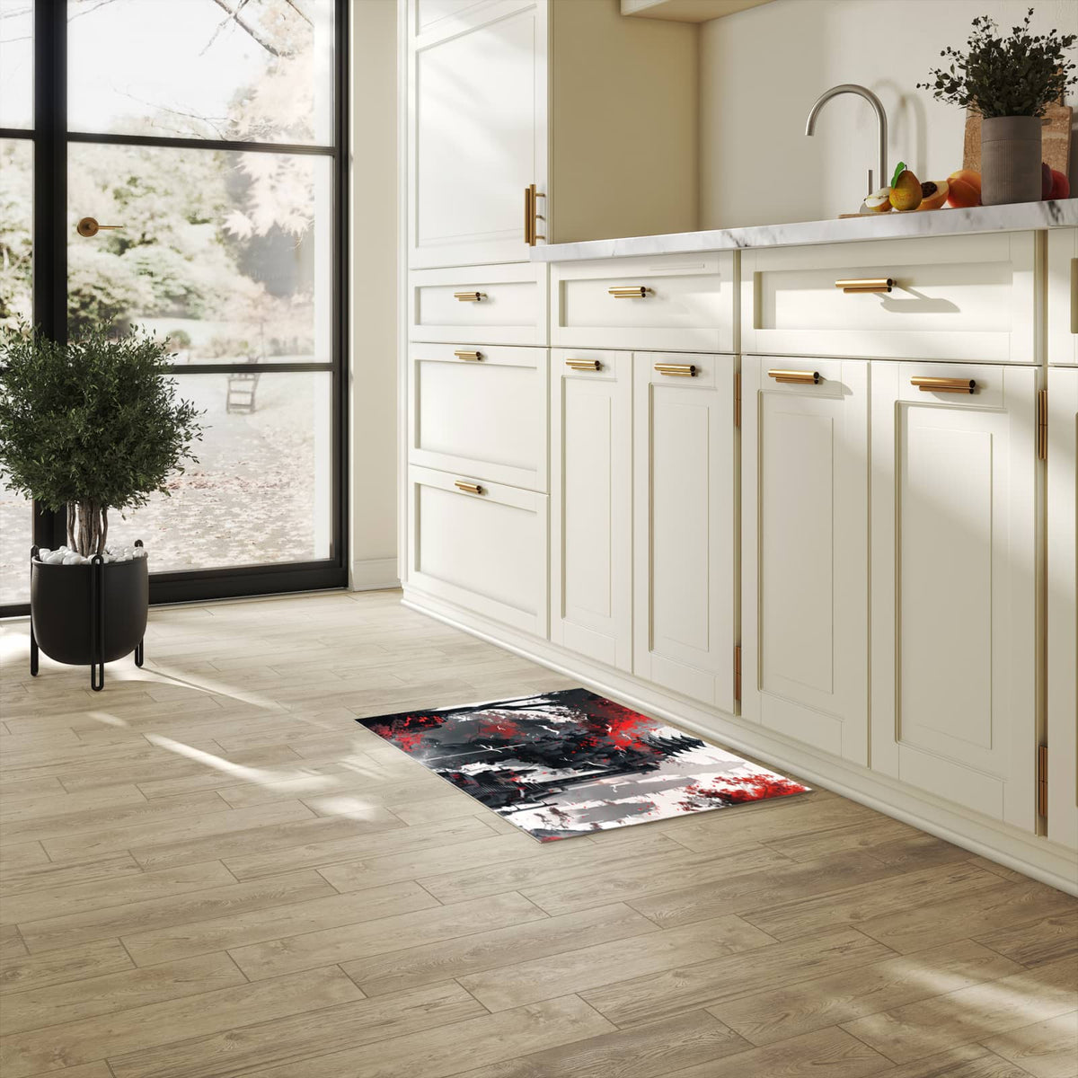 Feuchtigkeitsresistenter Küchenteppich mit Motiv Mystischer Tempel in heller Küche
