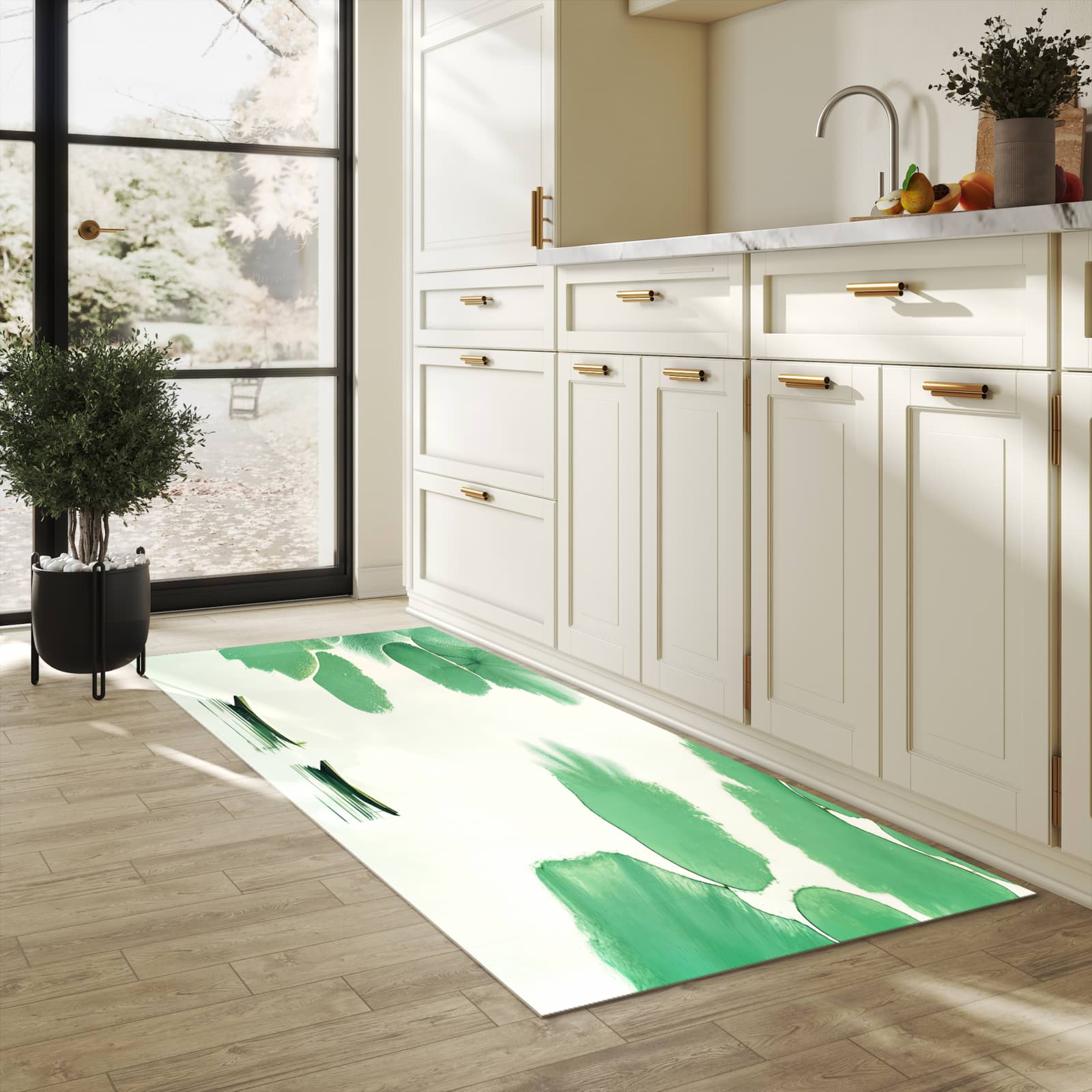 Waschbarer Teppich fürs Esszimmer mit Motiv Boote auf dem See in heller Küche