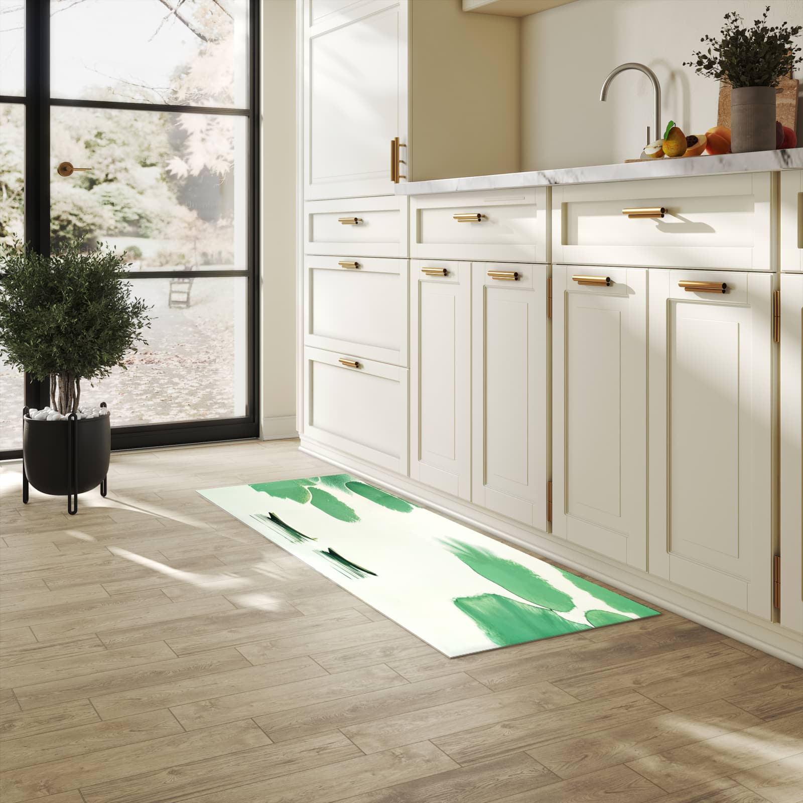 Komfortabler Küchenläufer mit Motiv Boote auf dem See in heller Küche für angenehmes Stehen