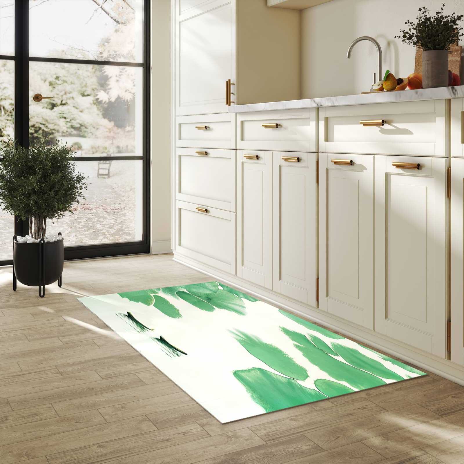 Rutschfester dünner Küchenteppich mit Motiv Boote auf dem See in heller Küche