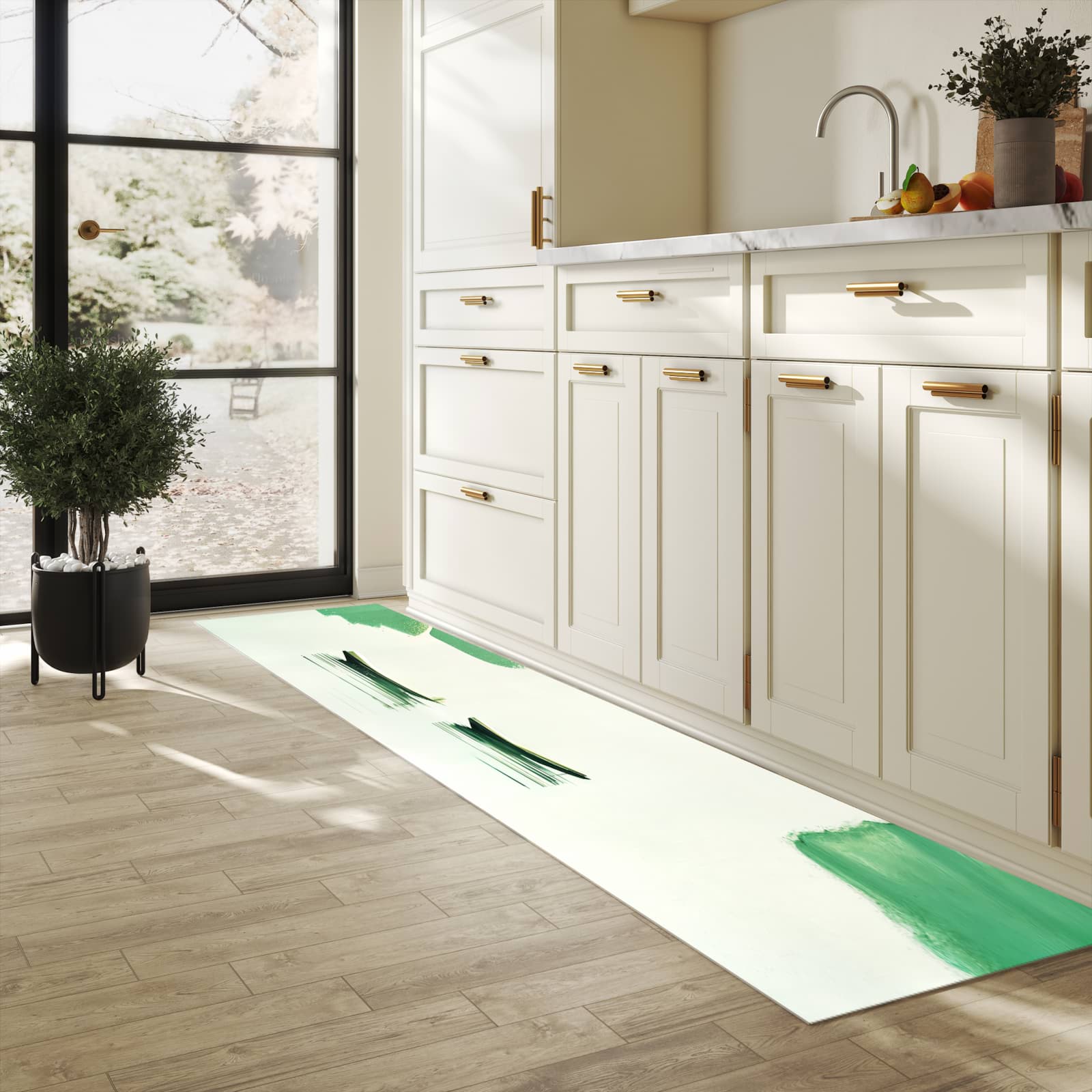 Schmutzabweisender waschbarer Küchenläufer mit Motiv Boote auf dem See in heller Küche