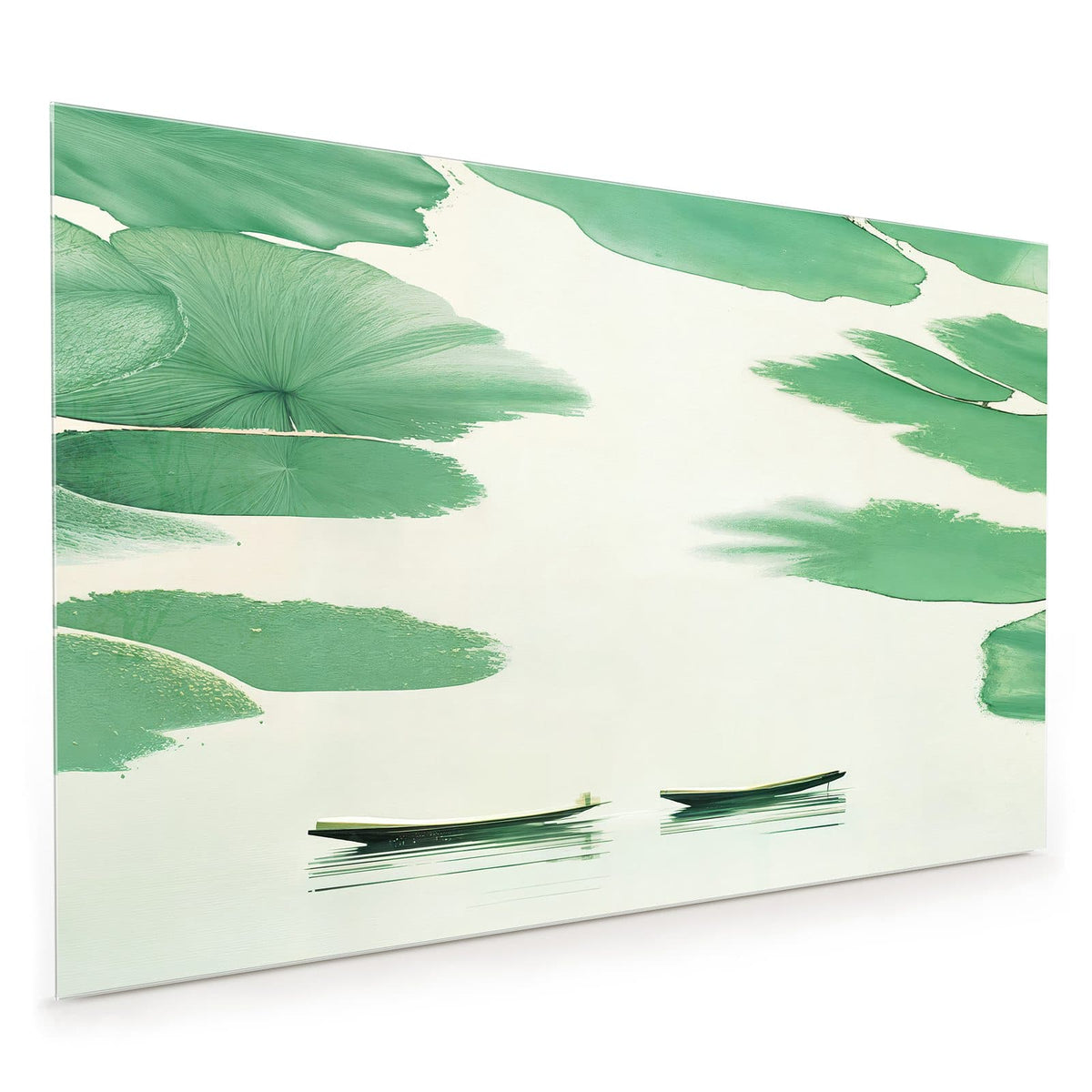 Küchenrückwand aus Glas im Hochformat mit Motiv Boote zwischen Seerosen: Minimalistisch: zwei schmale Boote auf hellem Wasser, oben große grüne Lotusblätter