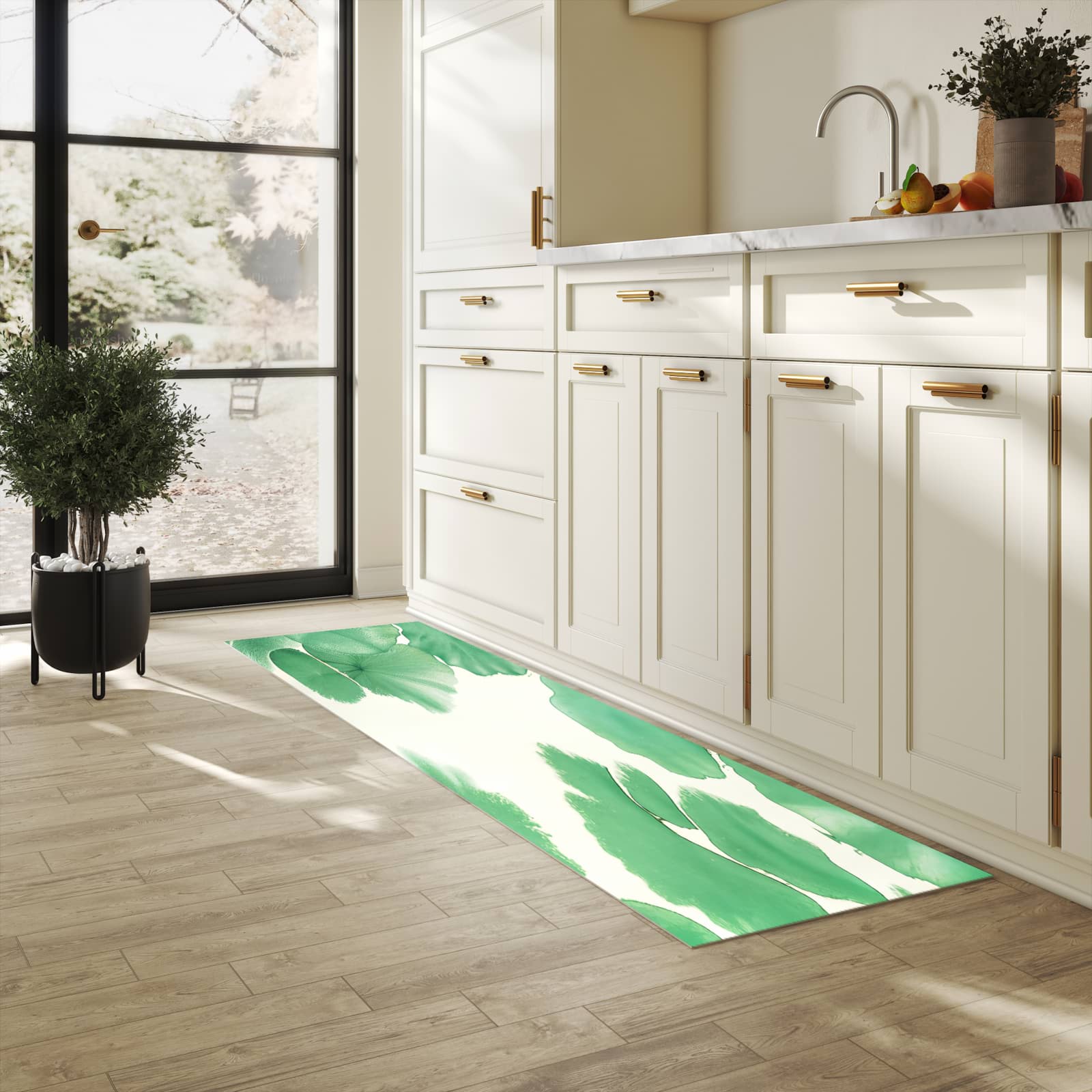 Wasserabweisender Teppichläufer mit Motiv Boote auf dem See in heller Küche