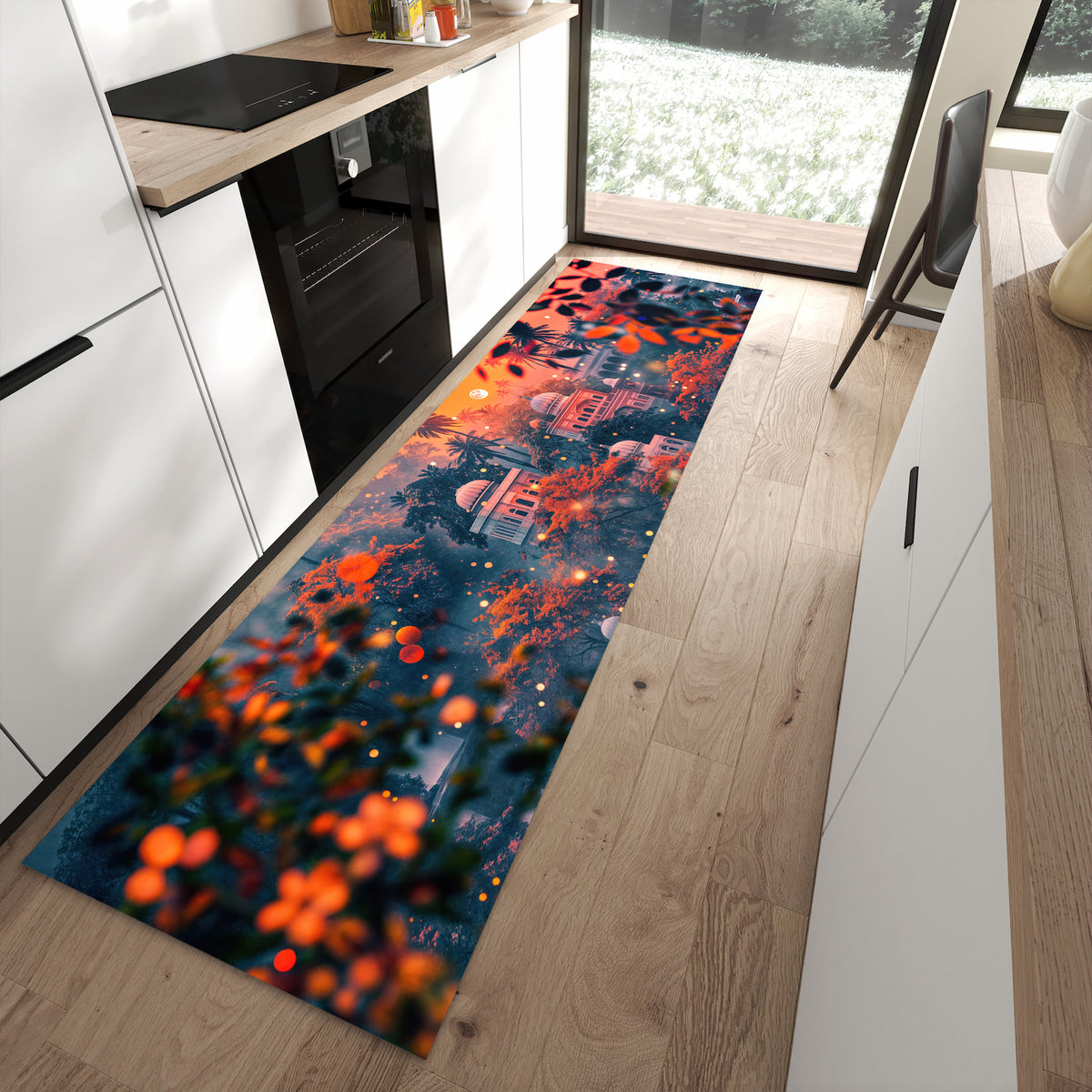 Bodenschonender Küchenteppich mit Motiv Traumhafter Tempel in moderner Küche