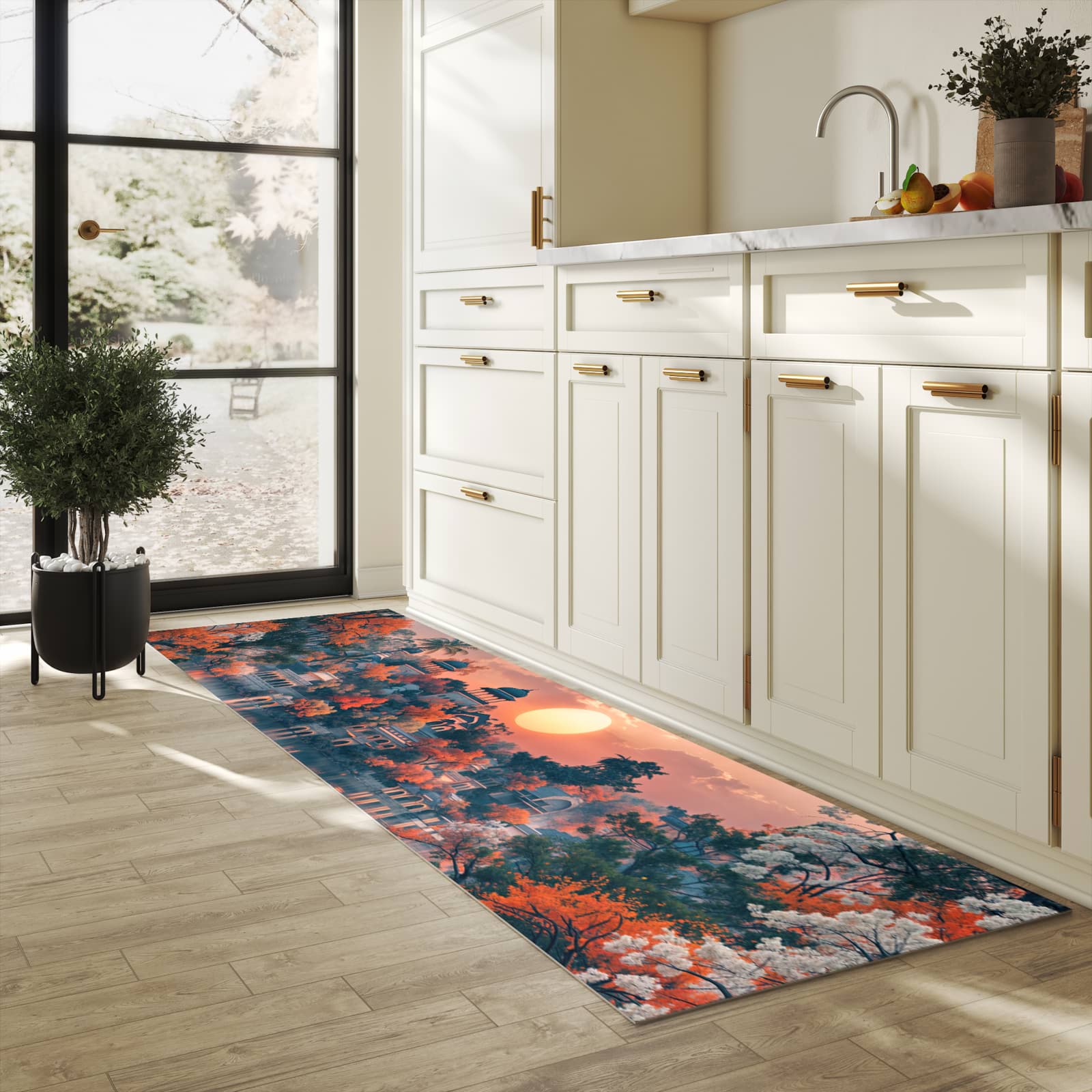 Rutschfester Küchenläufer mit Motiv Sonnenuntergangspalast in heller Küche zum Waschen