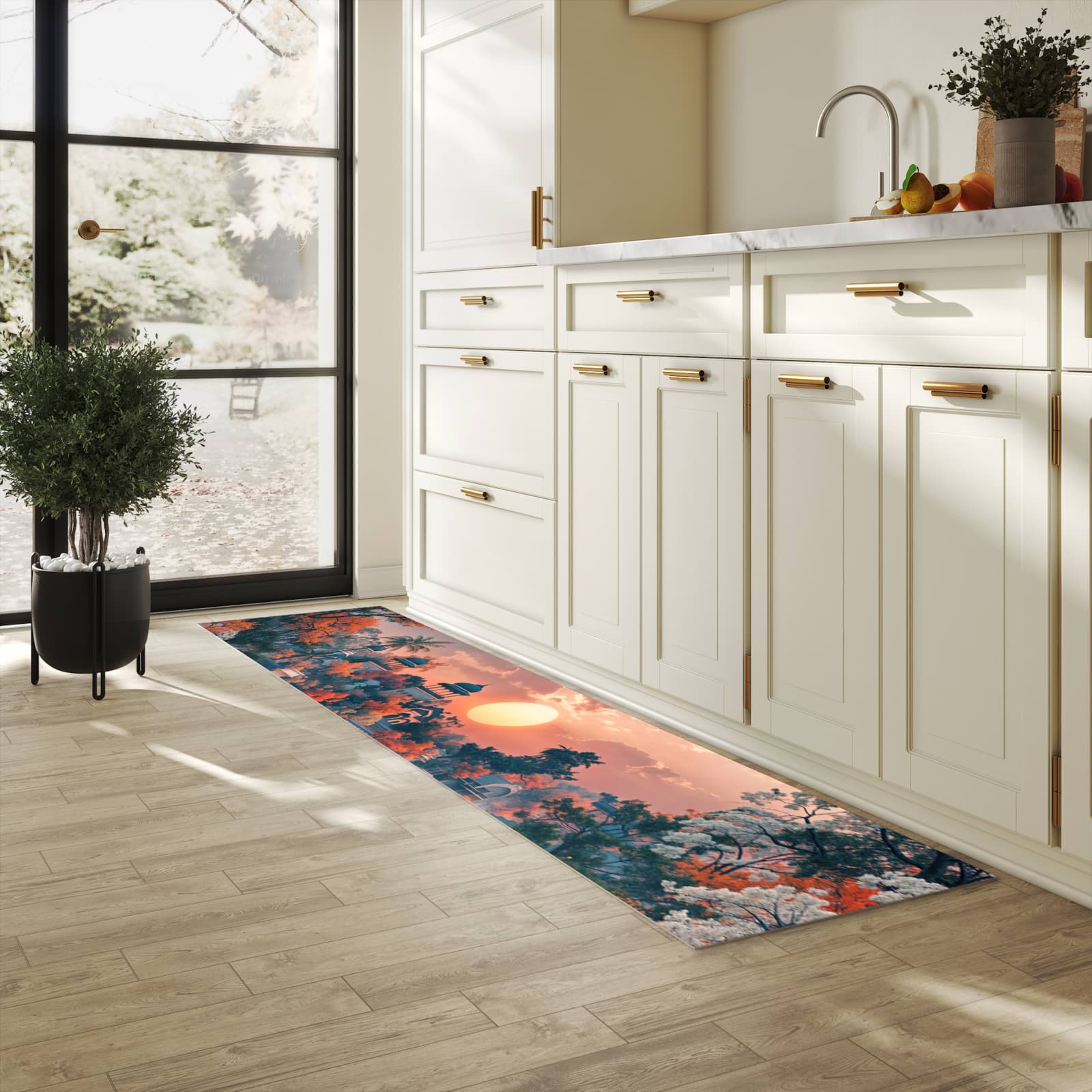 Geruchsneutraler rutschfester Küchenläufer mit Motiv Sonnenuntergangspalast in heller Küche