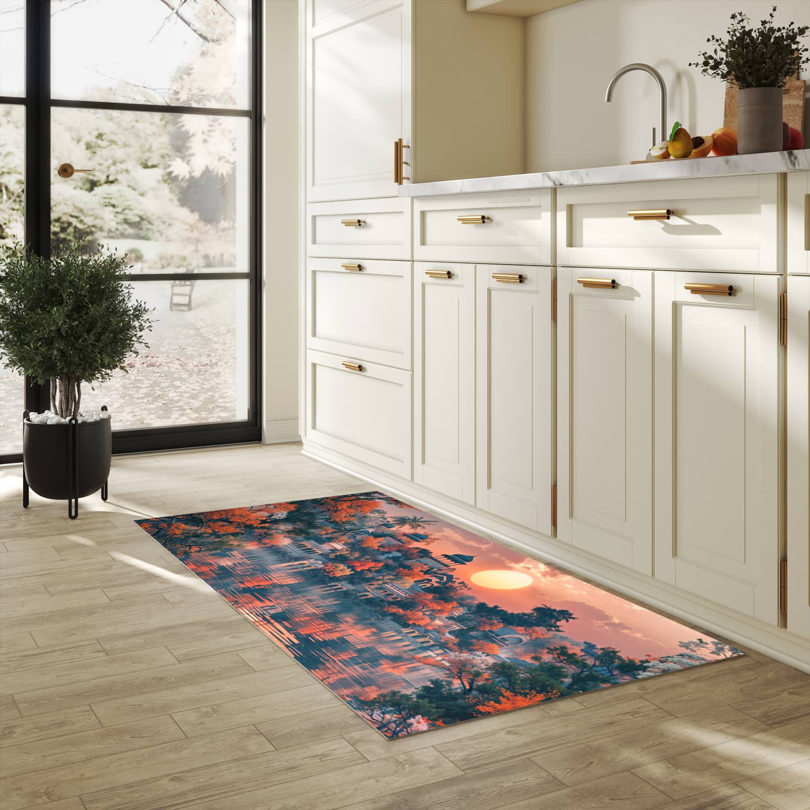 Abwaschbarer Küchenläufer mit Motiv Sonnenuntergangspalast in heller Küche für angenehme Haptik