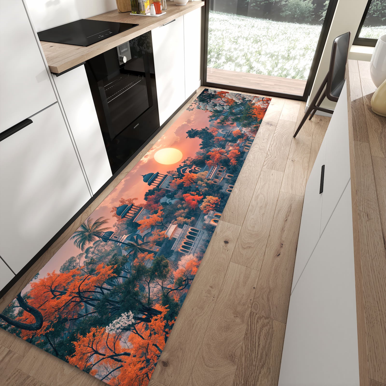 Flacher Küchenteppich mit Motiv Sonnenuntergangspalast in moderner Küche