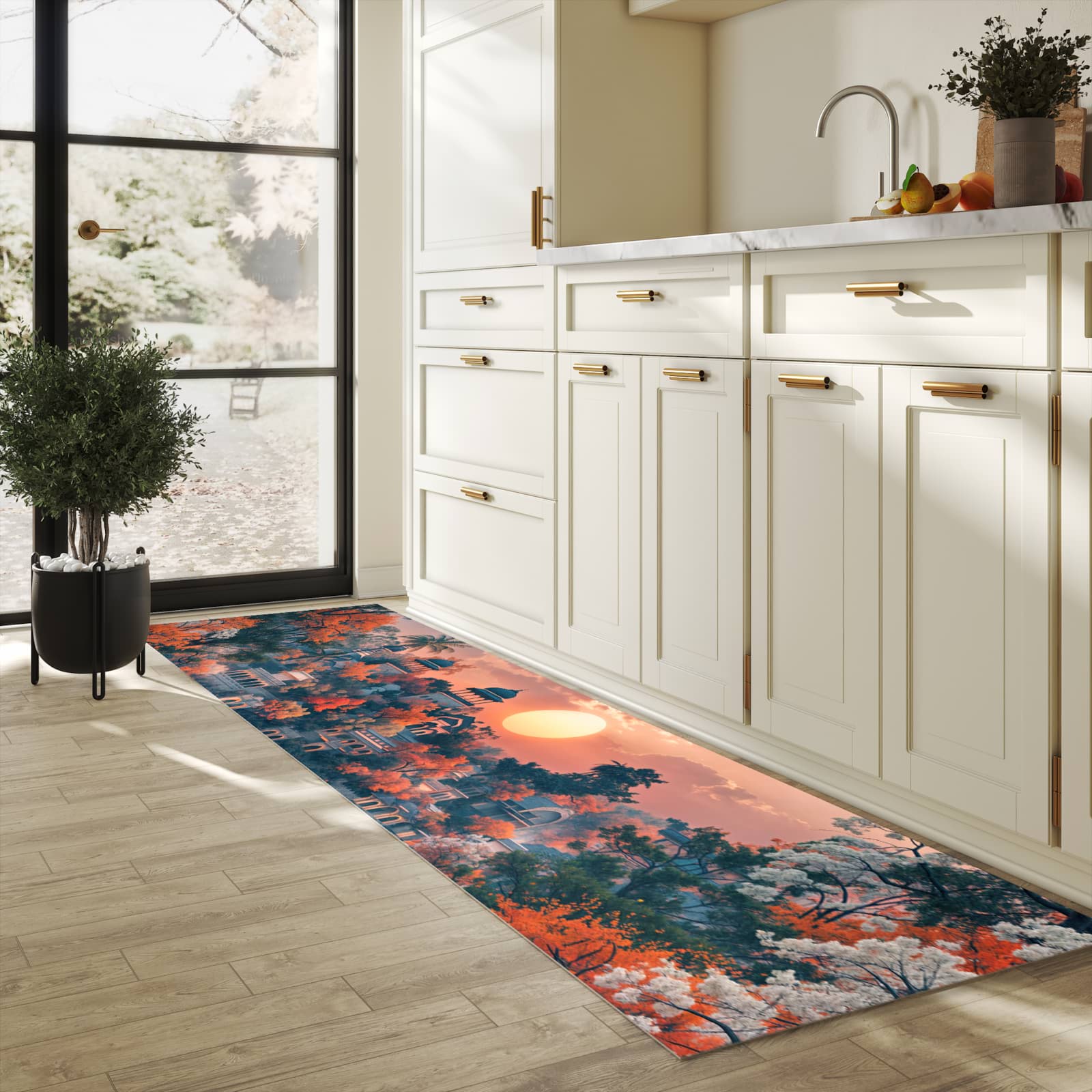 Pflegeleichter moderner Küchenläufer mit Motiv Sonnenuntergangspalast in heller Küche