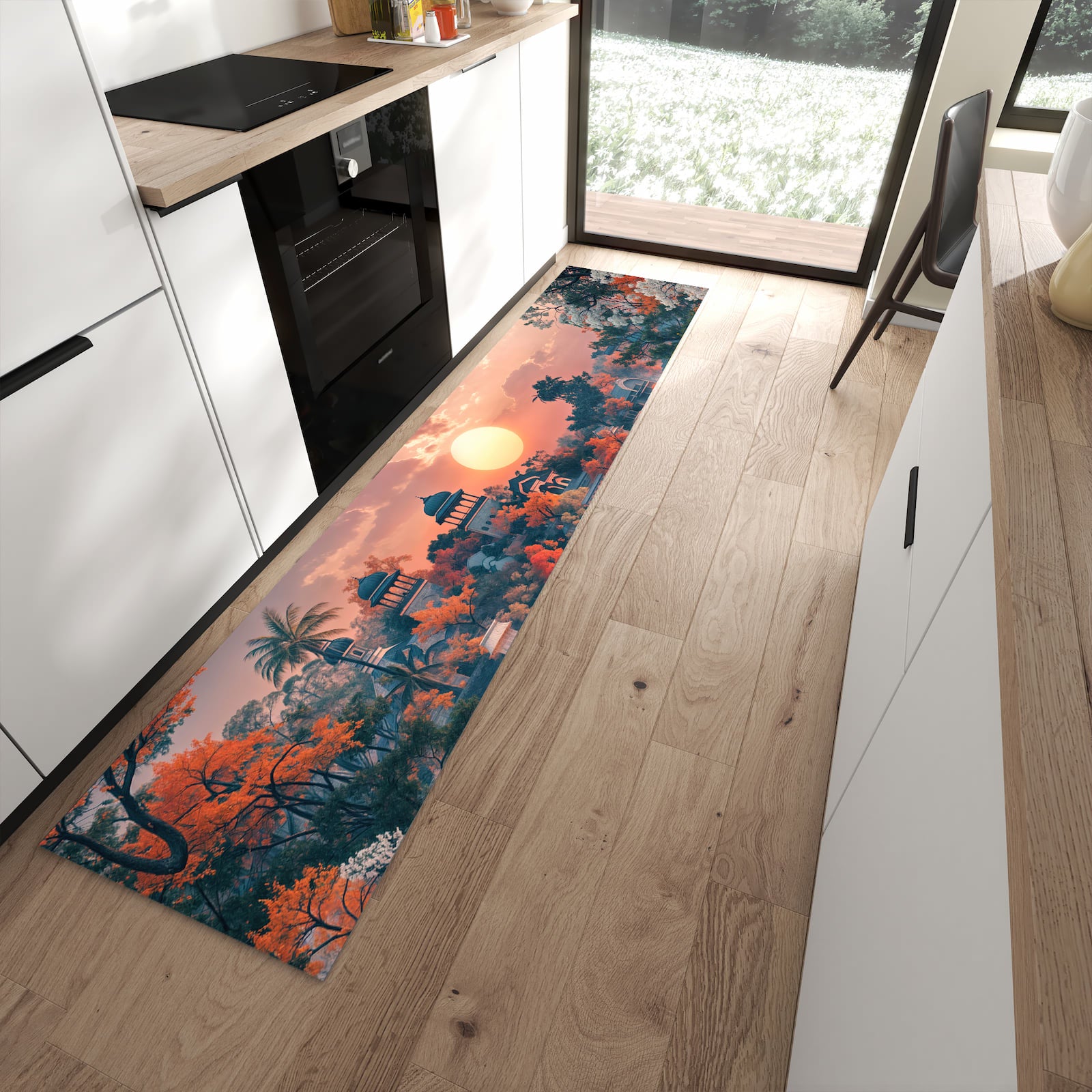 Komfortabler Küchenläufer mit Motiv Sonnenuntergangspalast in moderner Küche