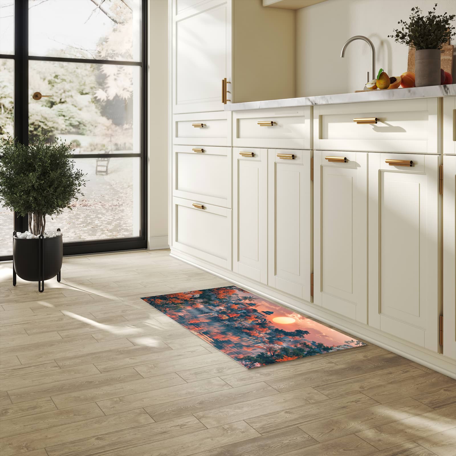 Komfortabler Küchenläufer mit Motiv Sonnenuntergangspalast in heller Küche