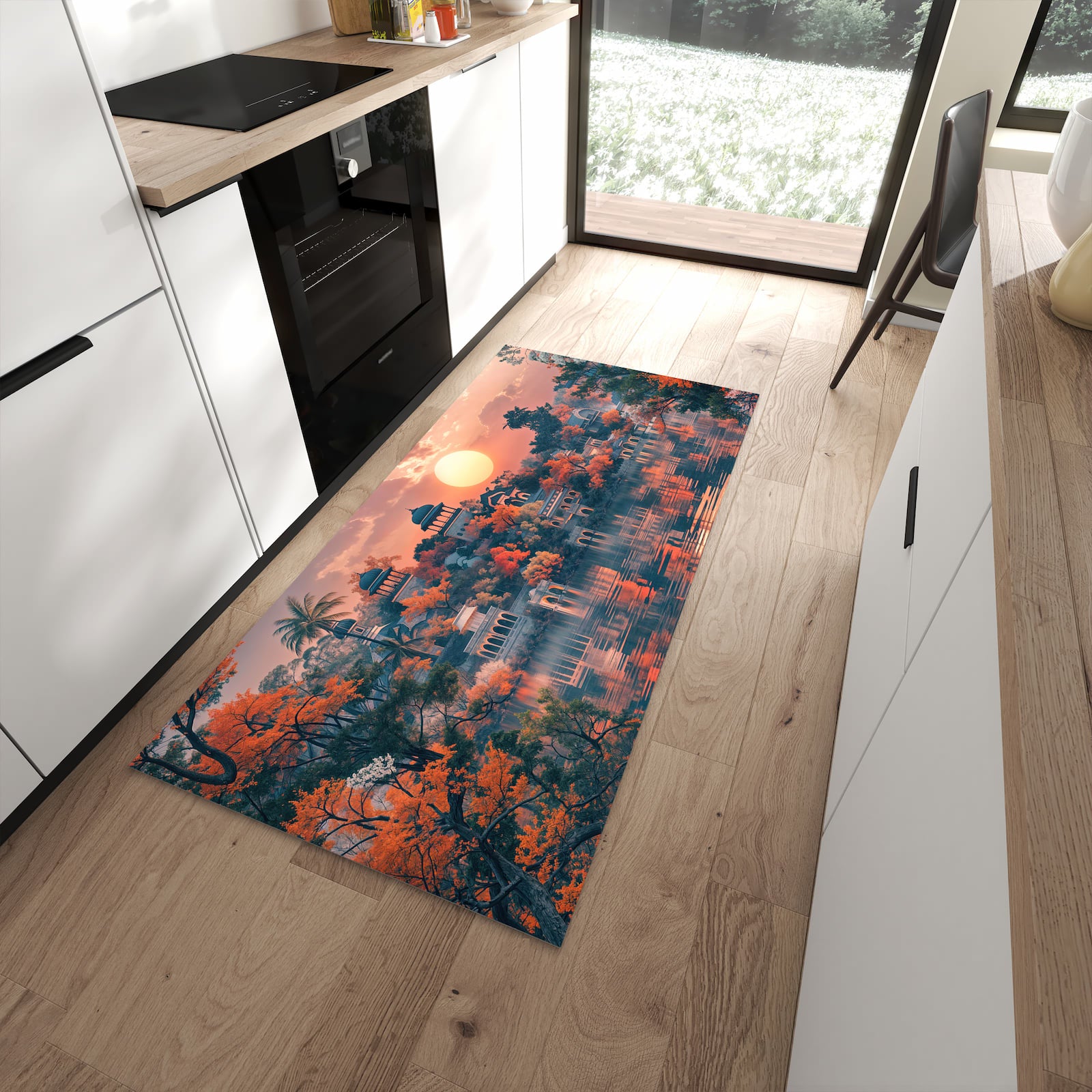 Pflegeleichter Teppich für die Küche mit Motiv Sonnenuntergangspalast in moderner Küche