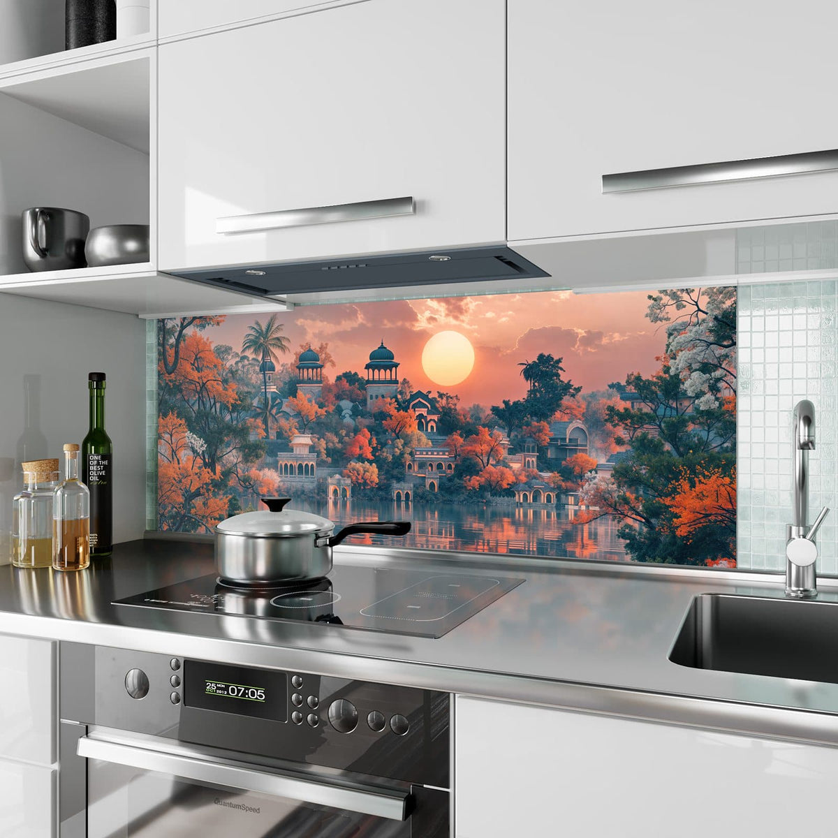 Küchenrückwand aus Glas Palast im Abendlicht im Hochformat als Spritzschutz hinter dem Kochfeld, über dem Fliesenspiegel montiert