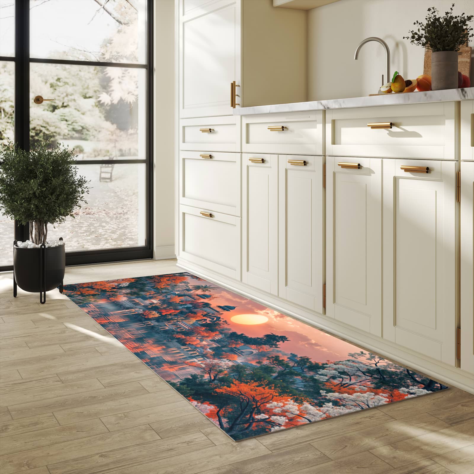 Hygienischer Küchenteppich mit Motiv Sonnenuntergangspalast in heller Küche - abwaschbar