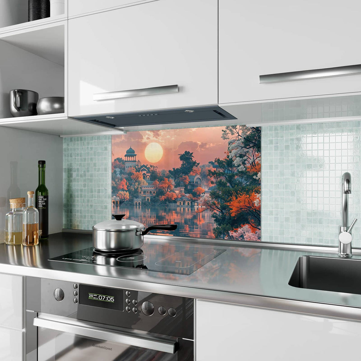 Küchenrückwand aus Glas Palast im Abendlicht im Hochformat als Spritzschutz hinter dem Kochfeld, über dem Fliesenspiegel montiert