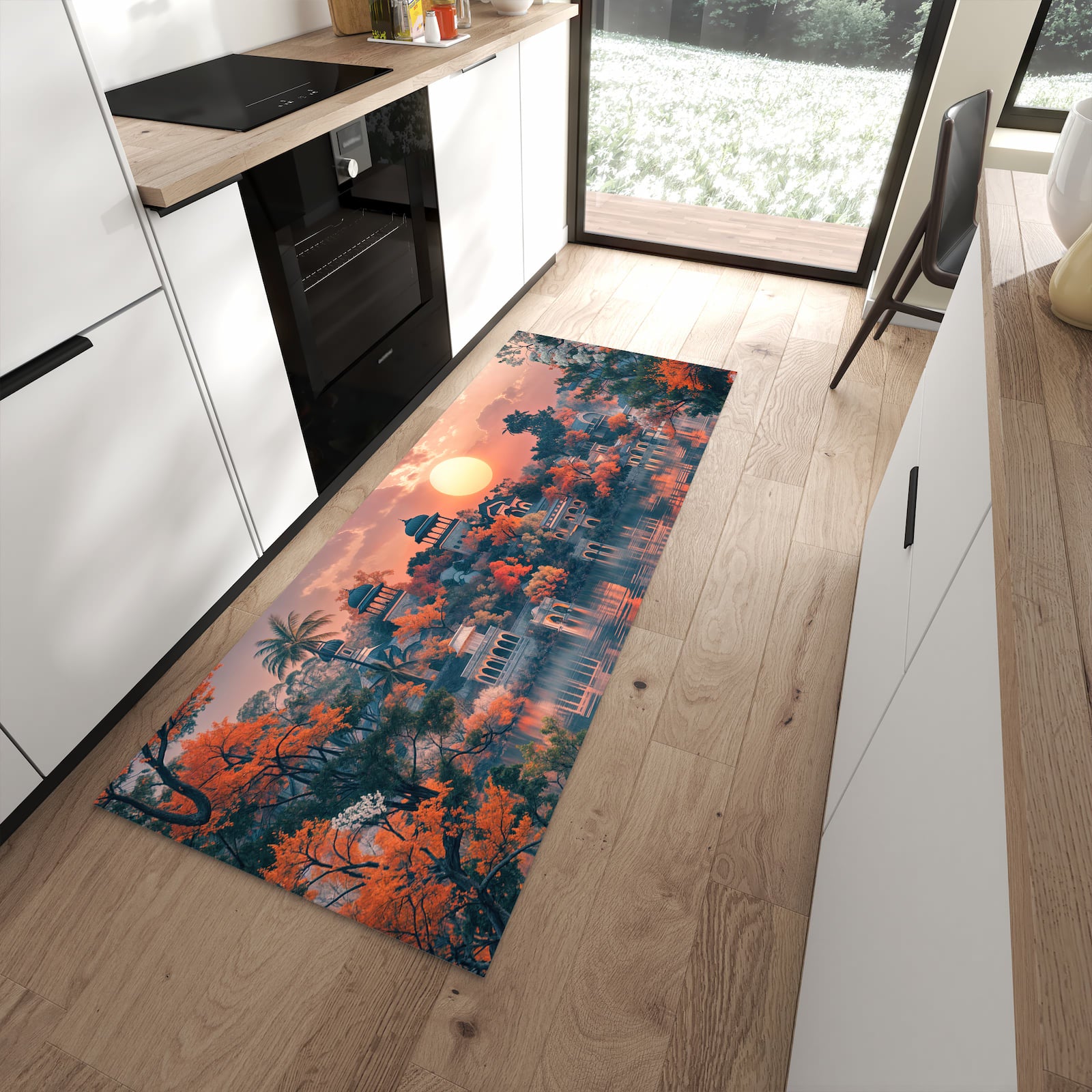 Schmutzabweisender Küchenläufer mit Motiv Sonnenuntergangspalast in moderner Küche